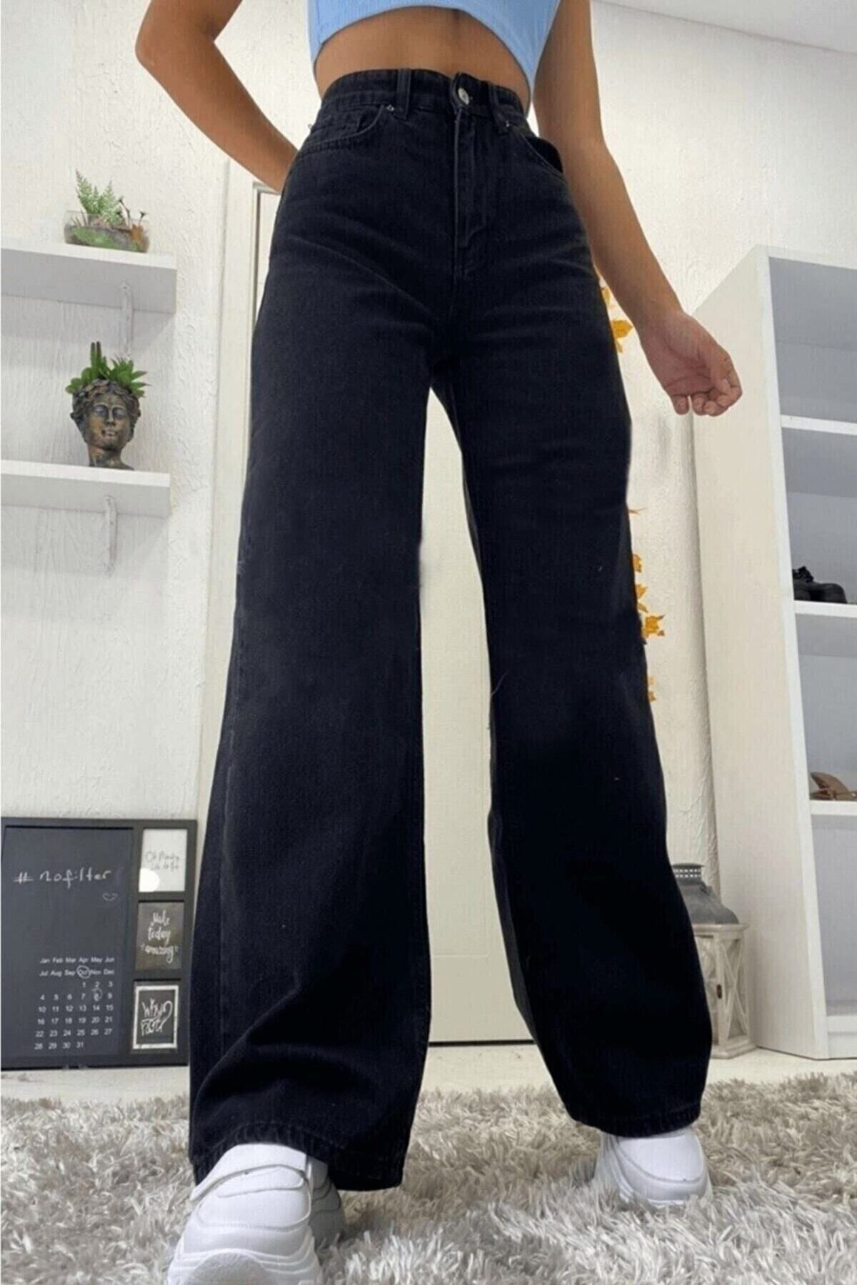 LİMABEL Yüksek Bel Siyah Kot Pantolon Siyah Salaş Jeans Likralı Esnek Palazzo