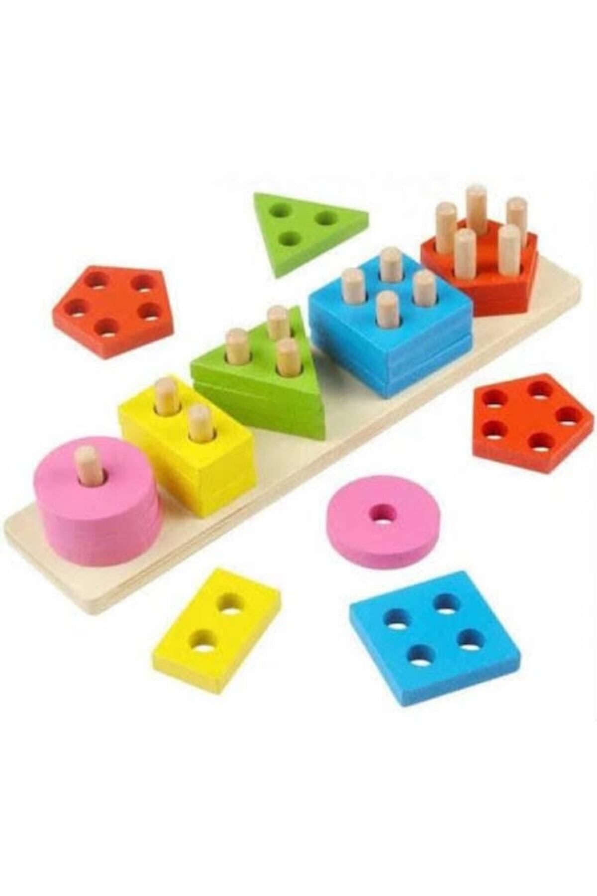 MODAEVİN Montessori Ahşap 5 Li Geometrik Şekiller Eğitici Oyuncaklar