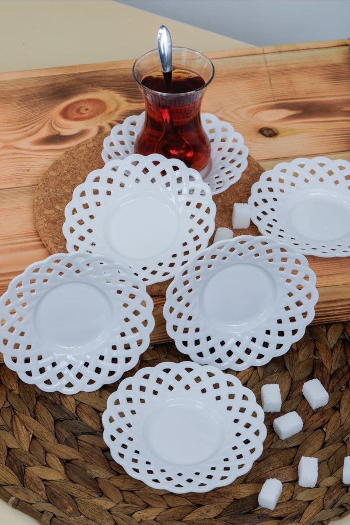 Kapsam Timex Plastik Çay Tabağı Porselen Görünümlü Plastik Hanımeli 6 Lı Kristal Pembe Siyah Beyaz