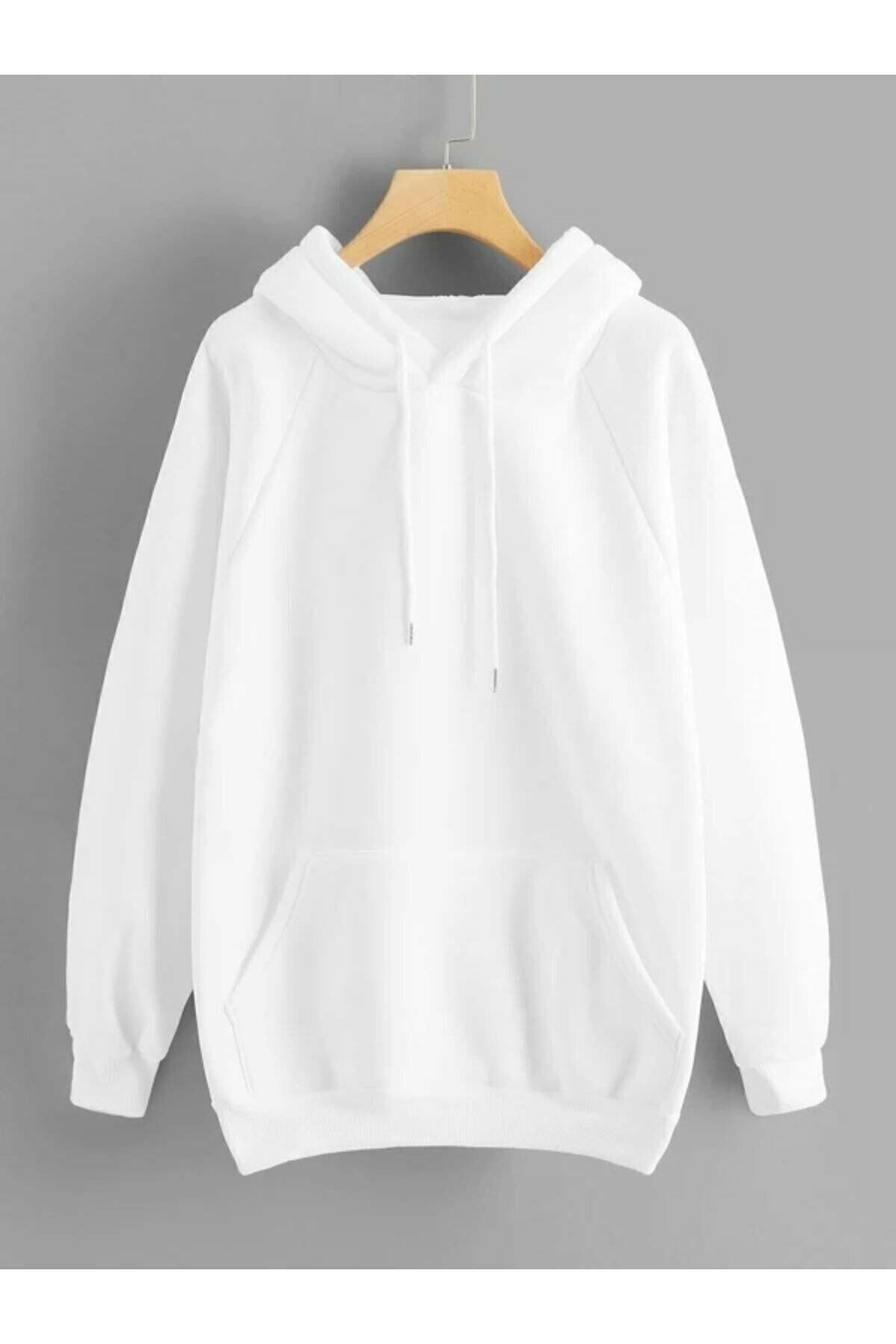 Genel Markalar Unisex Düz Beyaz Kapüşonlu Sweatshirt