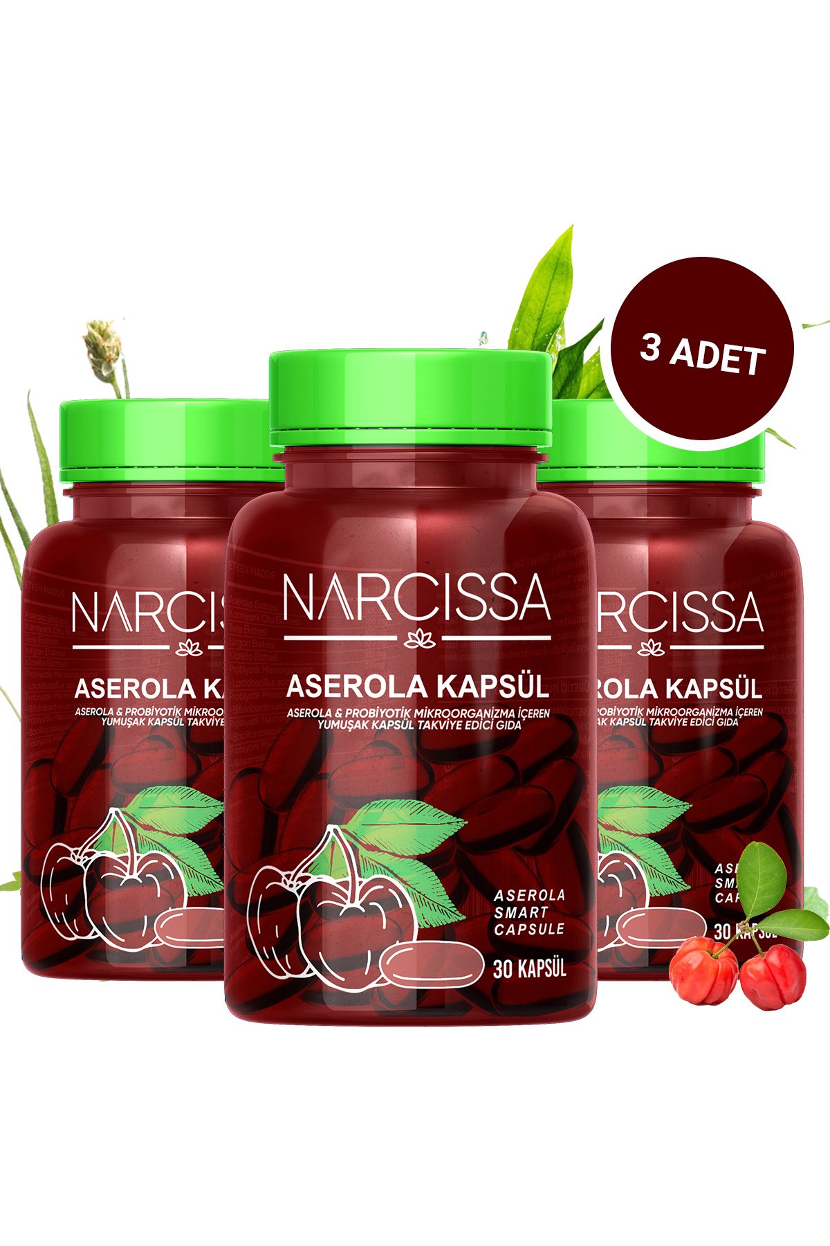 Narcissa 3 Adet - Aserola Kapsulü & Probiyotik Mikroorganizma İçeren Detox Kapsülü