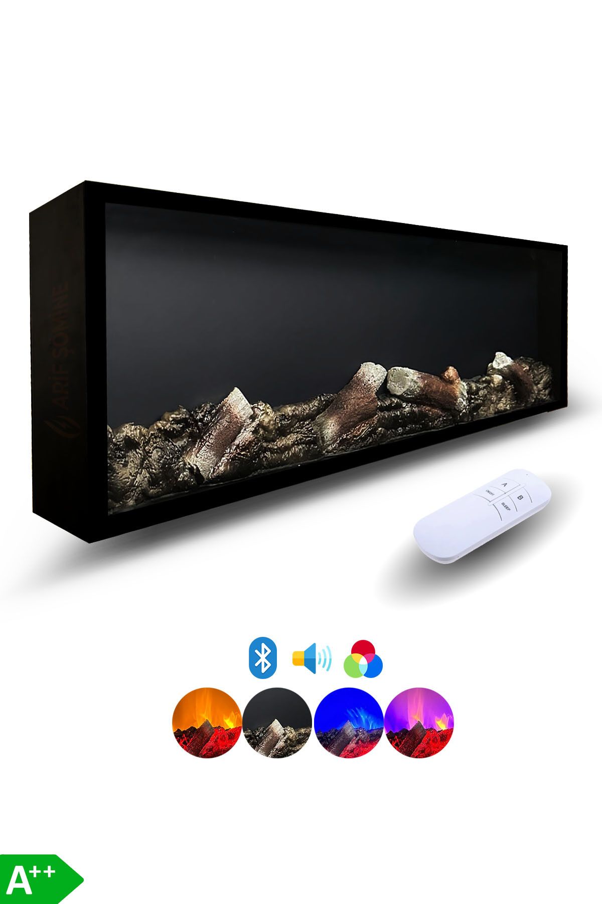 ARİF Dekoratif Elektrikli Yapay Şömine - 100x25x15 Cm - Farklı Renk Modları, Kumandalı, Bluetooth