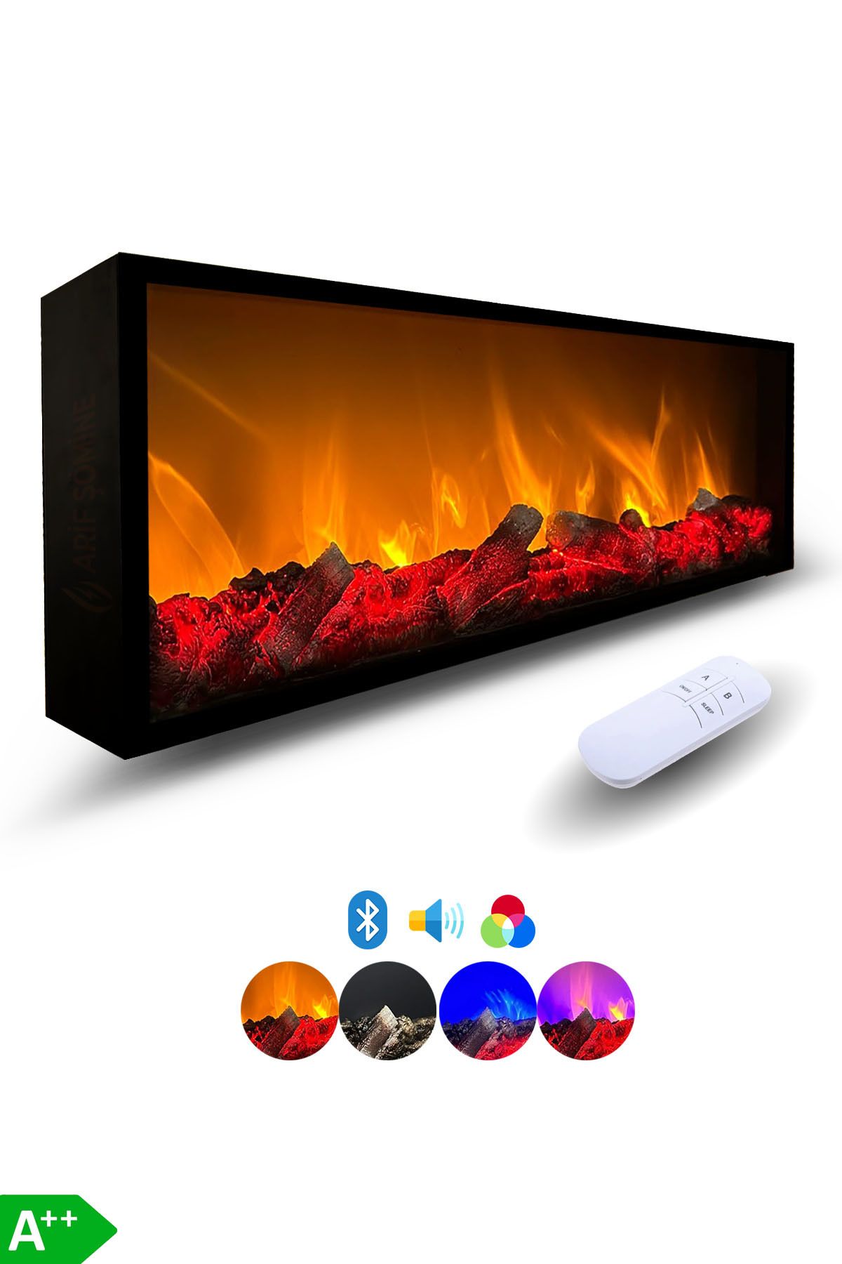 ARİF Dekoratif Elektrikli Yapay Şömine - 120x25x15 Cm - Farklı Renk Modları, Kumandalı, Bluetooth
