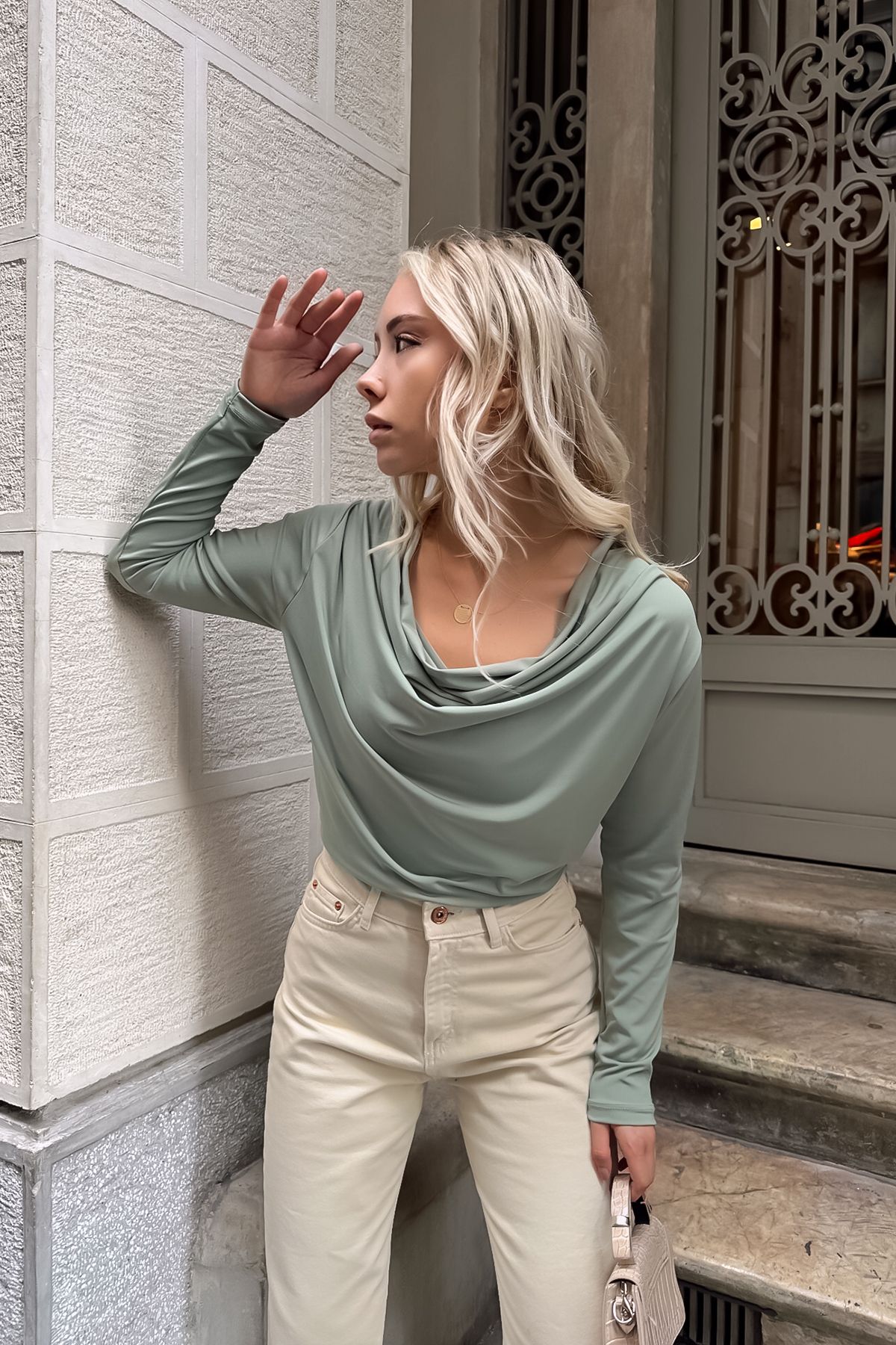 LACHT Kadın Uzun Kol Degaje Yaka Çağla Yeşili Sandy Bluz