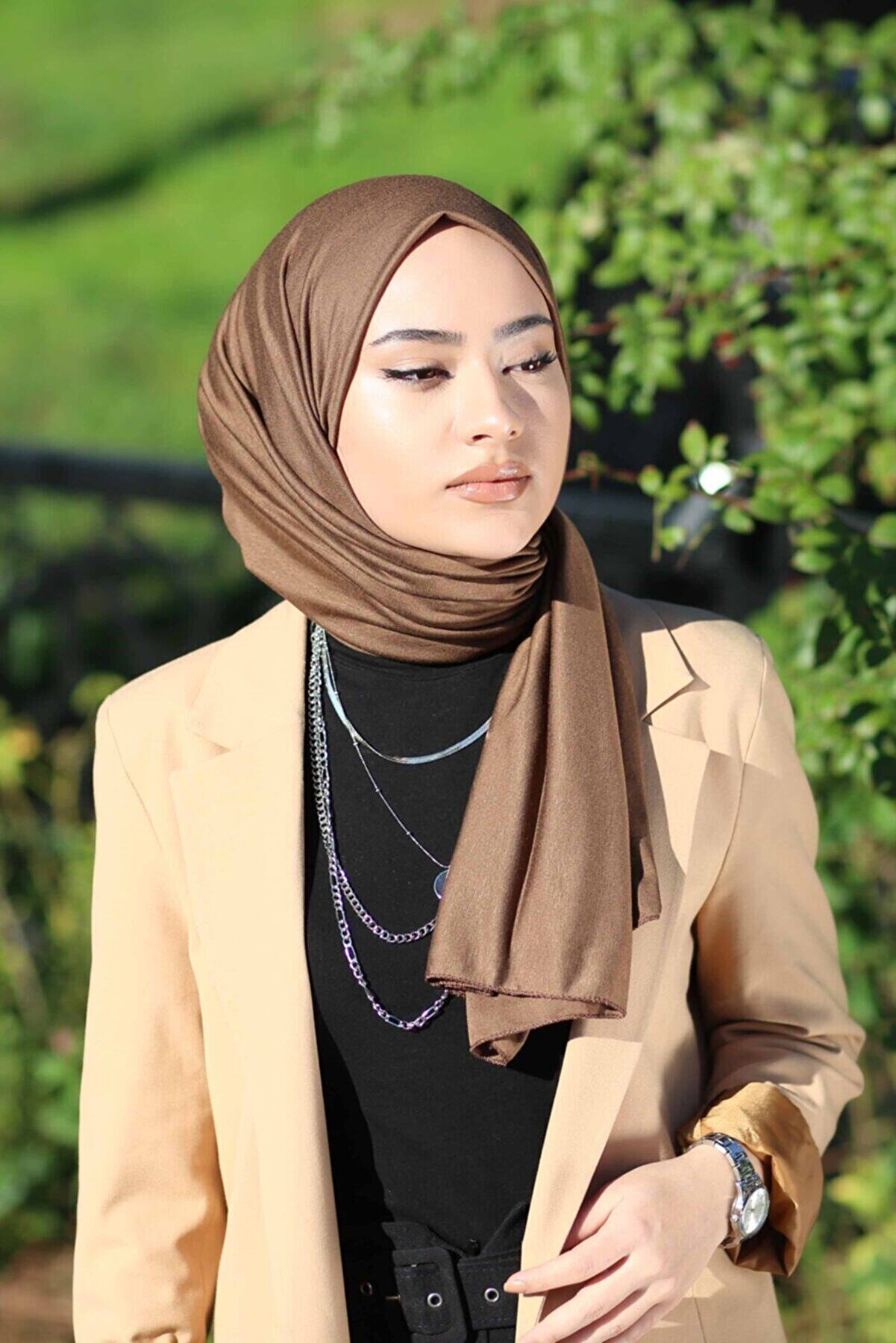 Organic Tesettür Penye Şal Hijap Modeli -çikolata