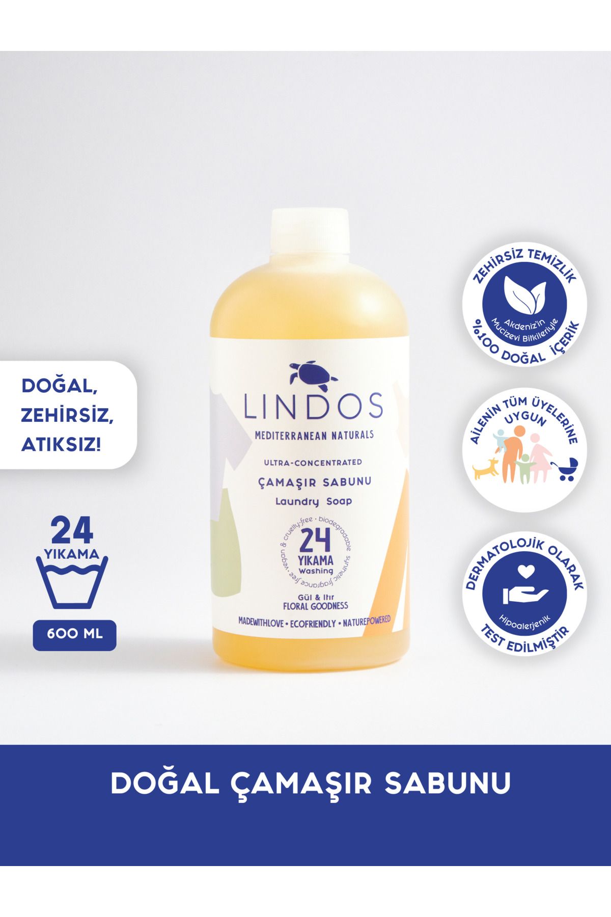 Lindos Doğal Çamaşır Deterjanı Gül Itır Kokulu %100 Bitkisel Antialerjik Deterjan Ekonomik 24 Yıkama 600ml