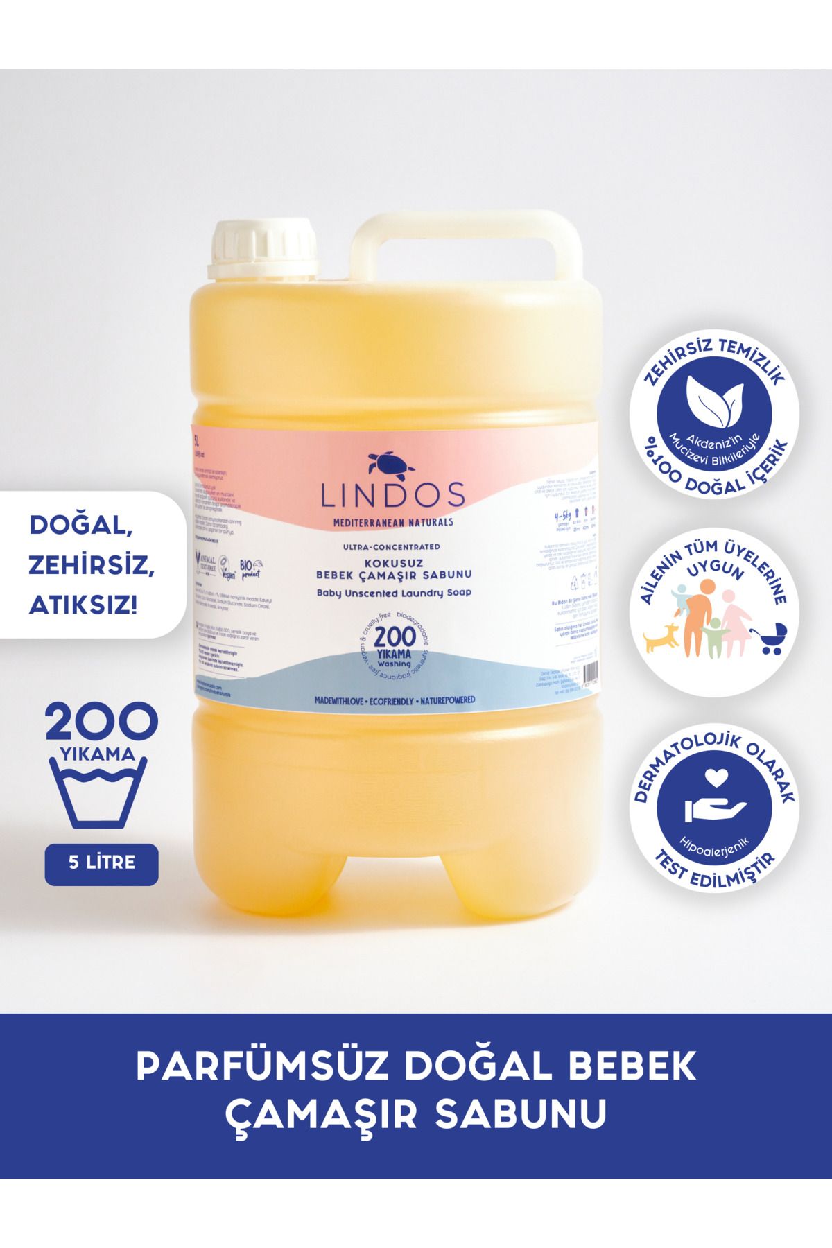 Lindos Doğal Bebek Çamaşır Deterjanı 200 Yıkama %100 Bitkisel Parfümsüz Antialerjik Baby Ekonomik 5l