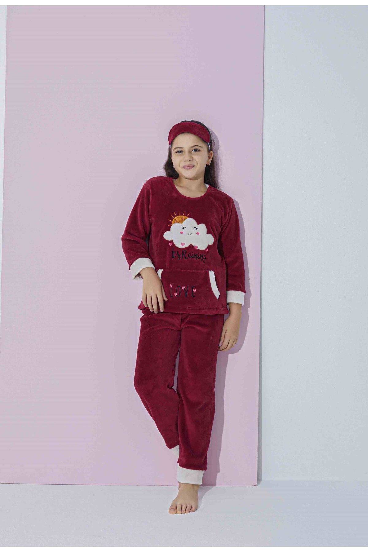 Tarık Kız Genç VE Çocuk Bulut Desenli Uzun Kollu Polar Peluş Kumaş Kışlık Sıcak Tutan Pijama Takımı 2425