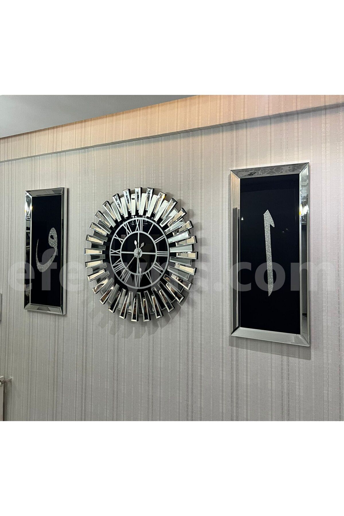 Efe Ayna PİYANO-X ELİFVAV - 3'LÜ GÜMÜŞ SAAT &TABLO SETİ-KÜÇÜK(Duvar saati:65cm,Tabloların herbiri 30x70cm)