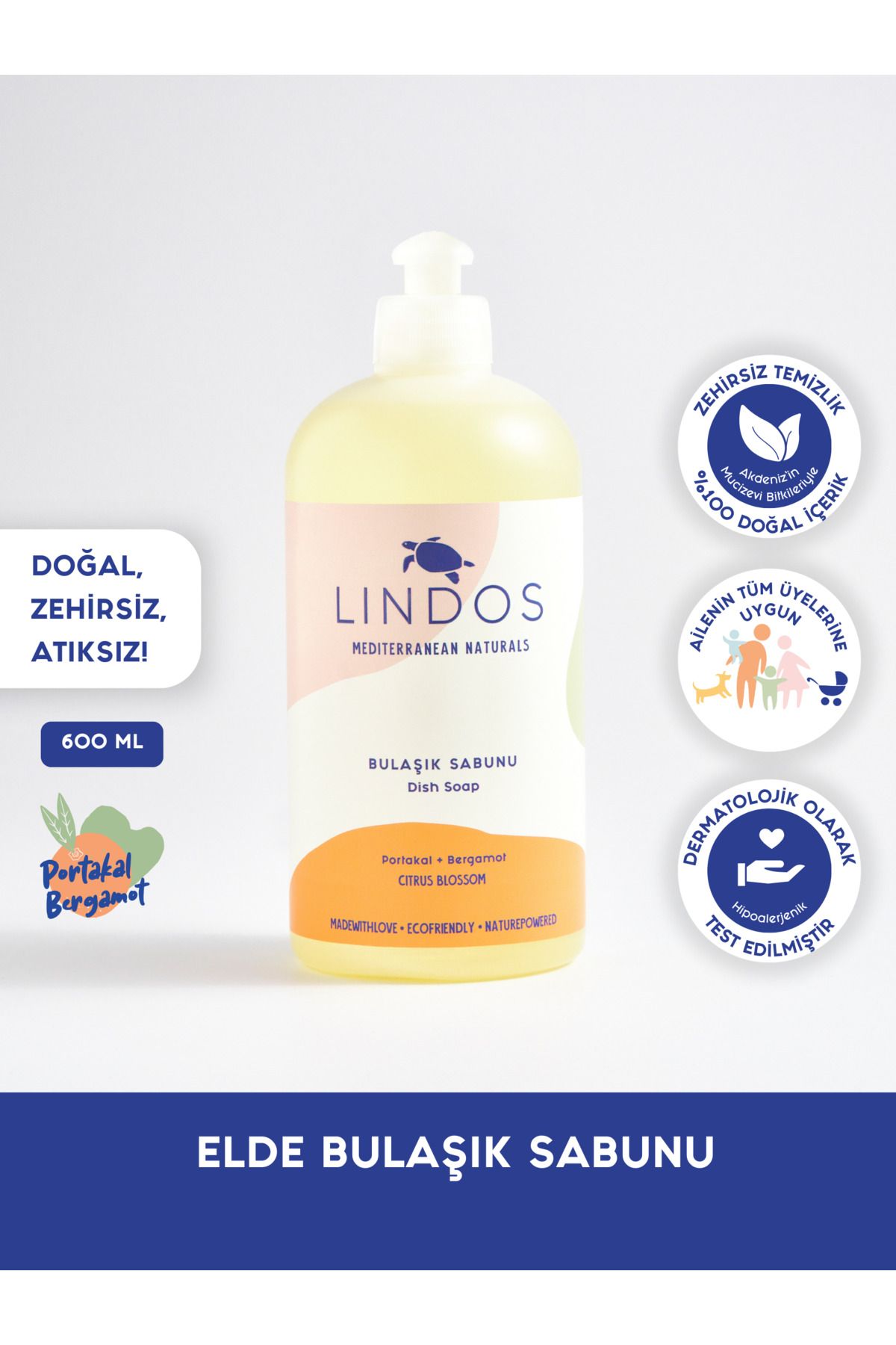Lindos Doğal Elde Bulaşık Deterjanı %100 Bitkisel Güçlü Portakal&bergamot Yağlı 600 ml