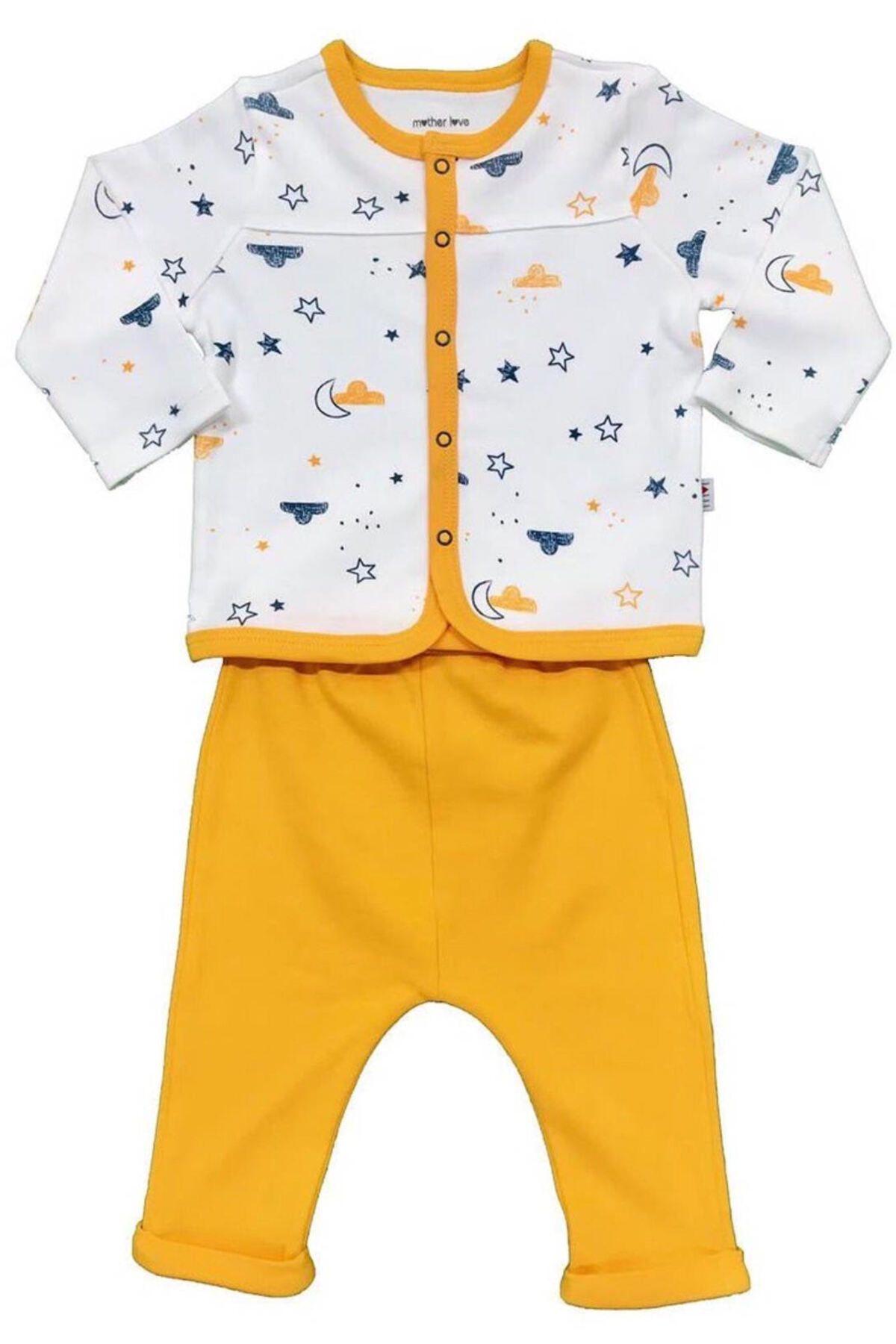 Mother Love Unisex Bebek Organik Sertifikalı Kumaş Yıldız Ve Ay Desenli Önden Çıtçıtlı Alt Üst Pijama Takımı