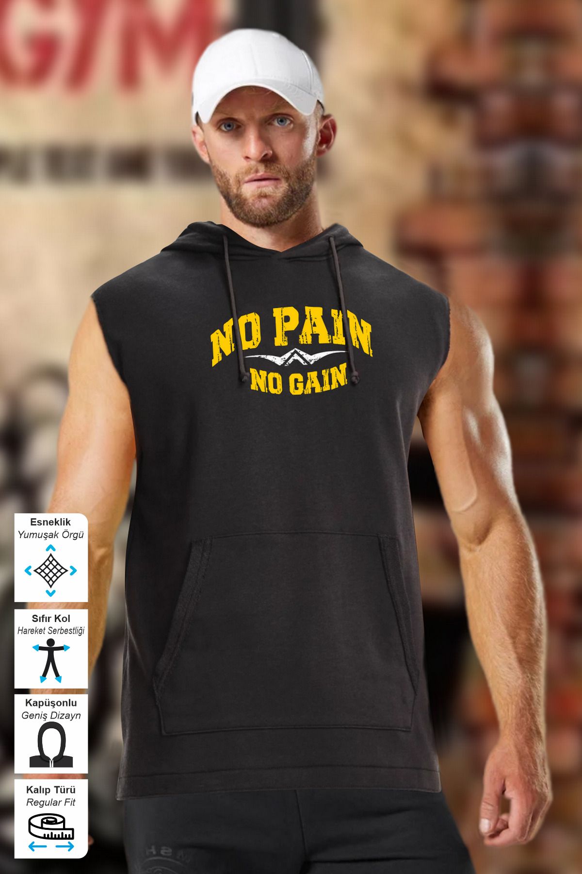 BESSA Erkek No Pain No Gain Baskılı Kapüşonlu Kolsuz T-shirt/atlet