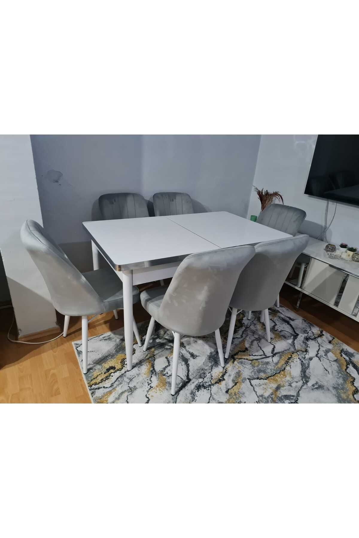 Kristal Evim Açılabilir Yemek Masası Mdf Masa Beyaz Gümüş Salon Ve Mutfak Masası