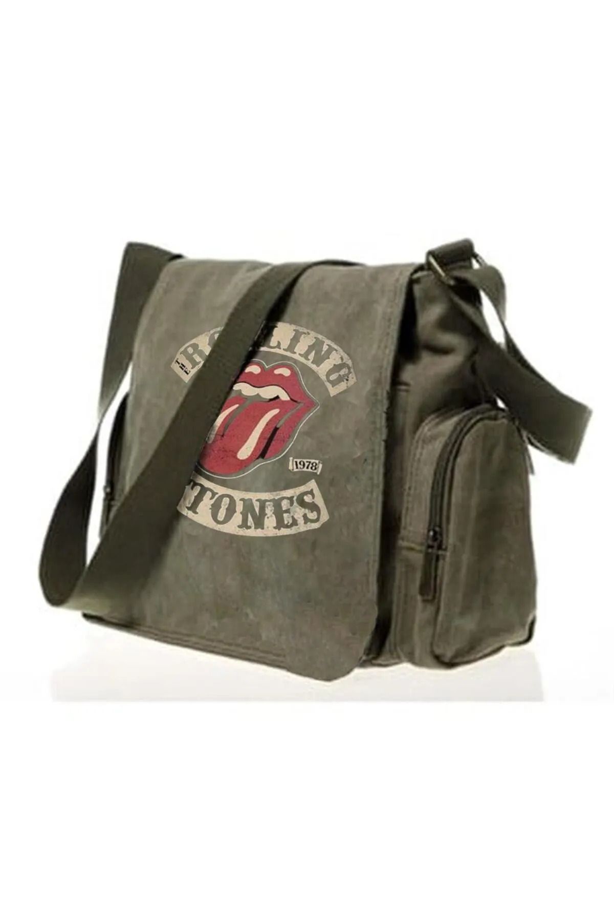 Gofeel Harajuku Street Rolling Stones Vintage Baskılı Unisex Yeşil Postacı Çantasıı HS