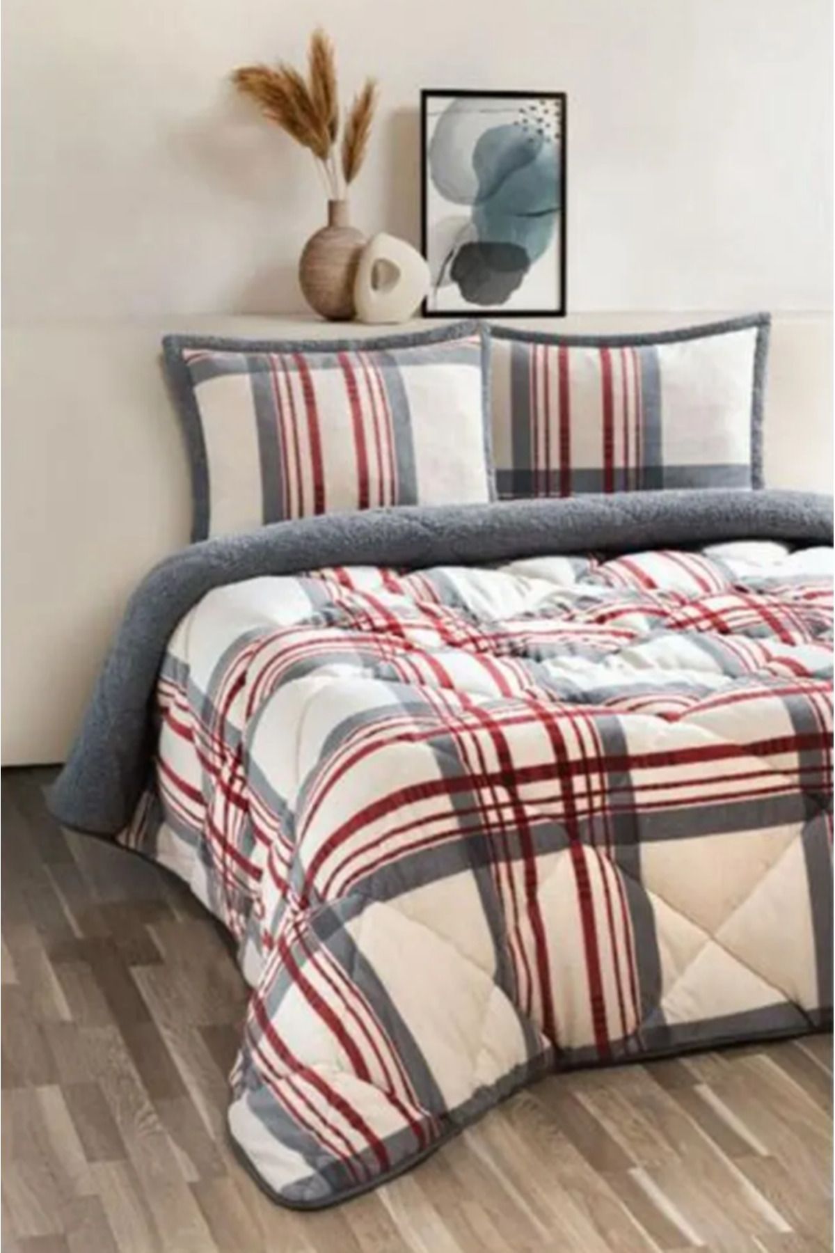 Merinos Comforter Çift Kişilik Yorgan Seti Kırmızı Çizgili 220X240