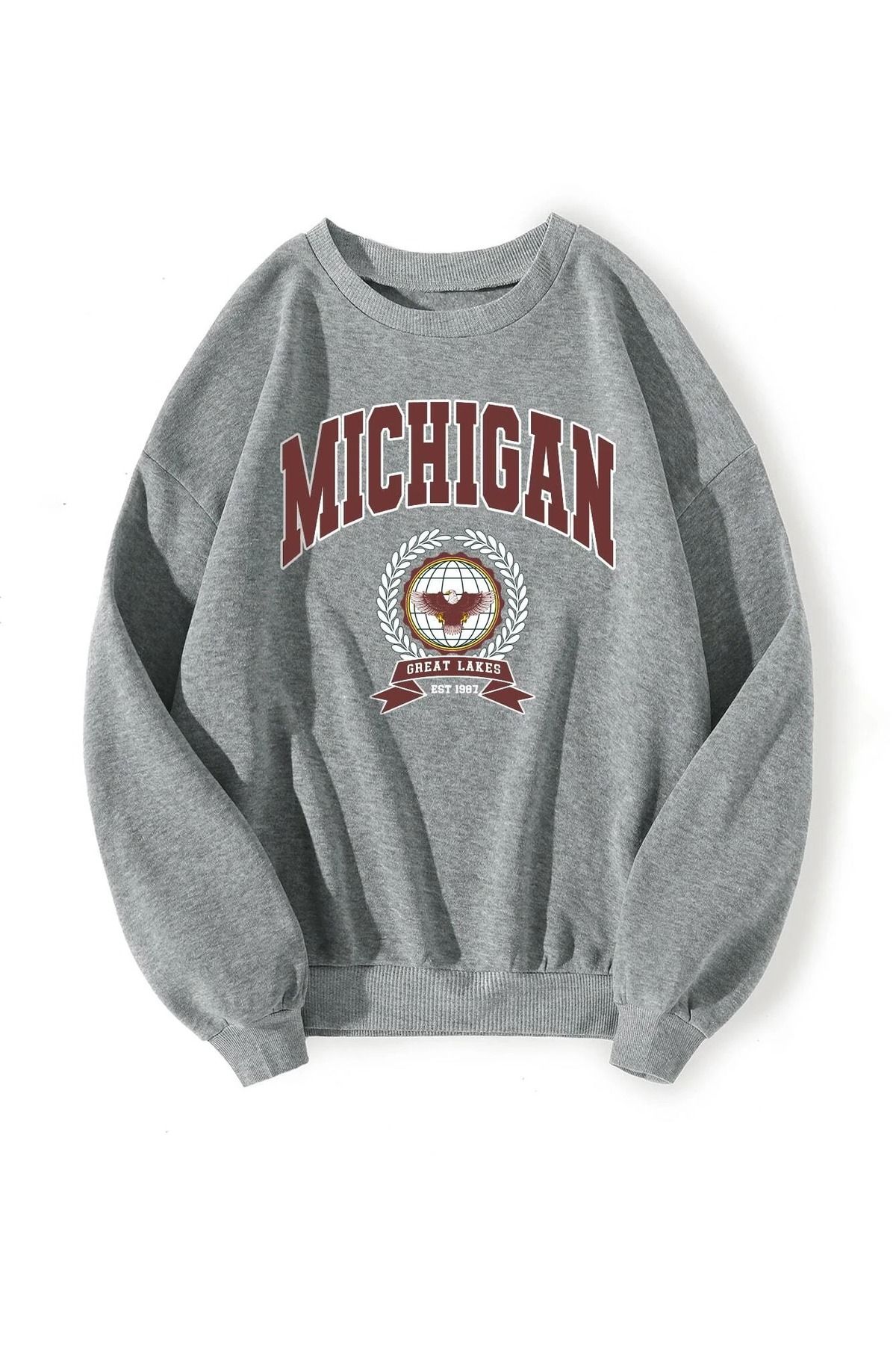 Know Kadın Gri Michigan Baskılı Oversize Sweatshirt