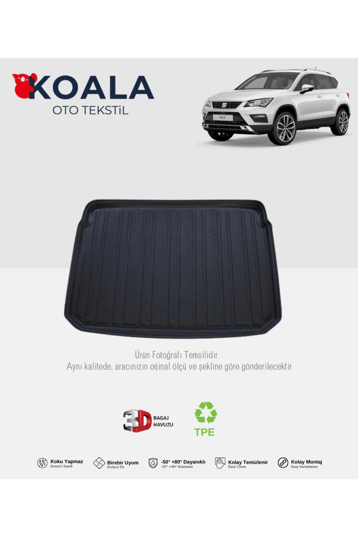 KoalaOtoTekstil Seat Ateca 4x2 (Sağ Kulaklı) (2017 ve Sonrası) 3d Bagaj Havuzu