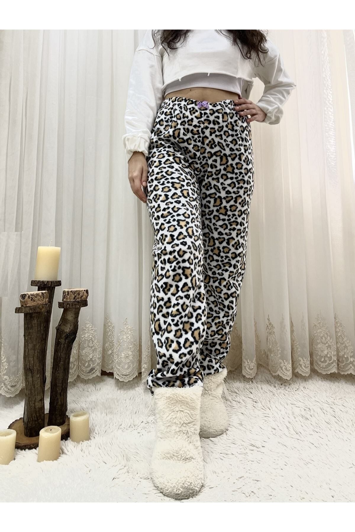 Betimoda Leopar Kadın Polar Pijama Altı Kışlık Lastikli Bel Tek Alt