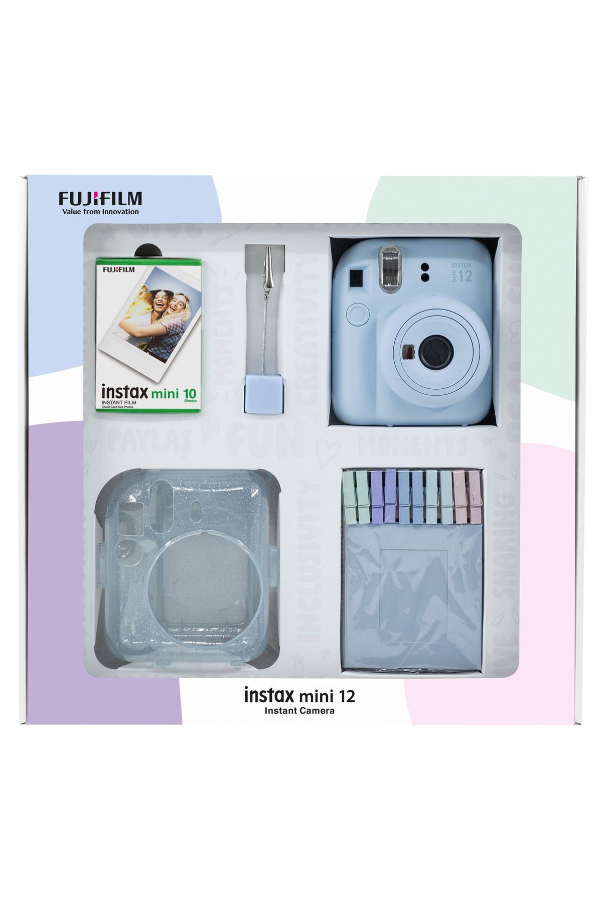 Fujifilm Instax mini 12 Mavi Fotoğraf Makinesi 10'lu Film Simli Pleksi Kılıf Mandal ve Kıskaçlı Resim Standı