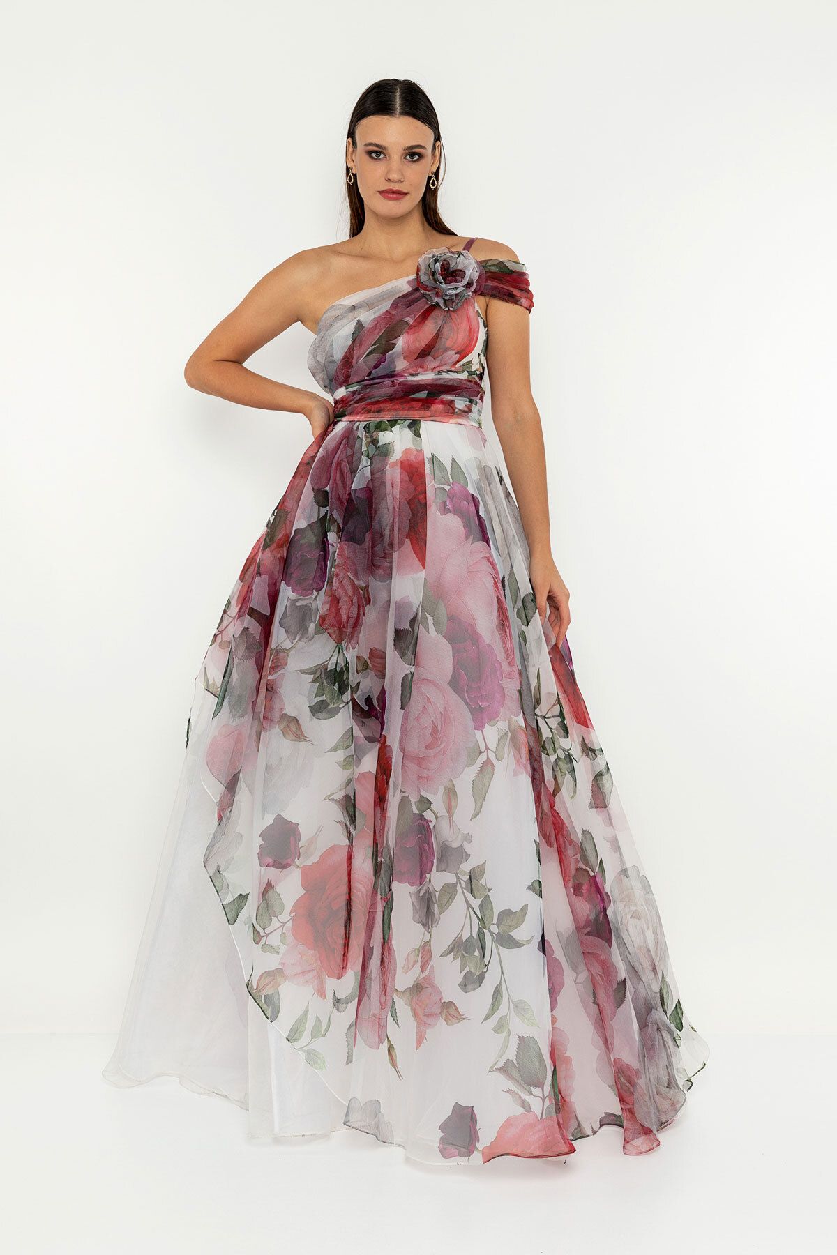 INVIDIA Tek Omuz Organze Emprime Floral Desen Abiye Elbise