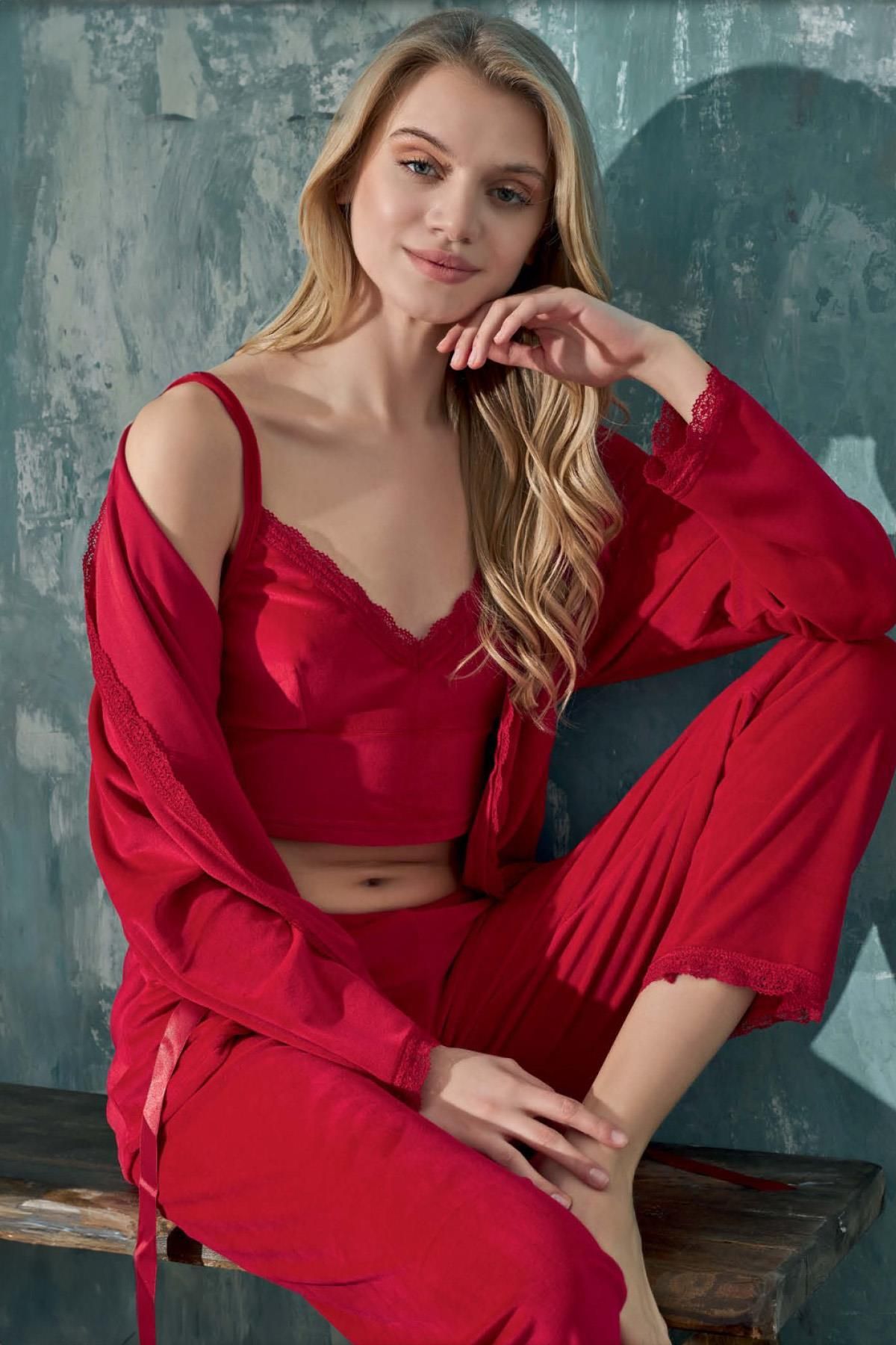 cotonhause Kadın 3 Lü Büstiyerli Kadife Kırmızı Pijama Takımı C1T3N4O01-1