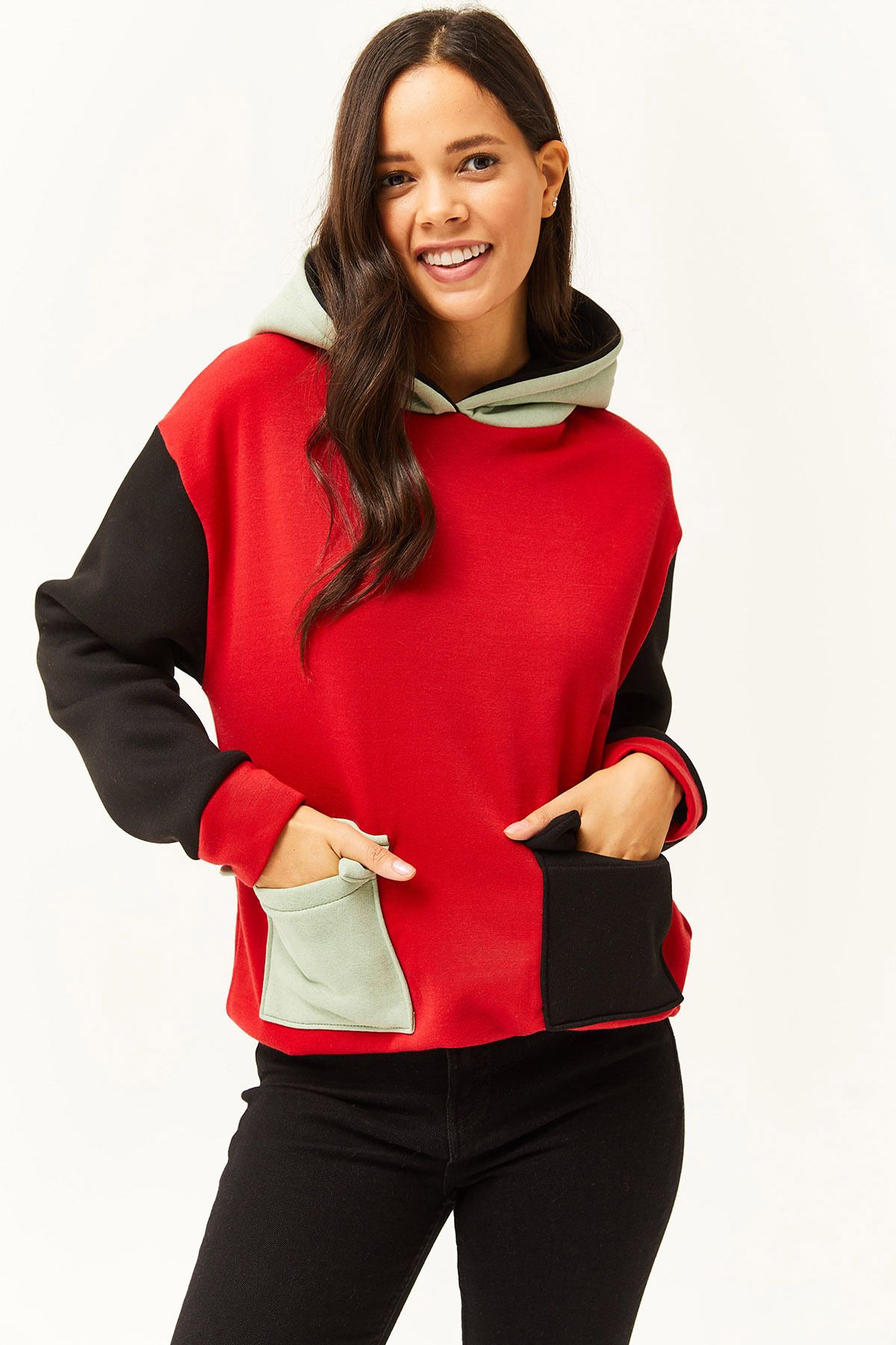 Olalook Kadın Kırmızı Su Yeşili Renk Bloklu İçi Polarlı Sweatshirt SWT-19000327