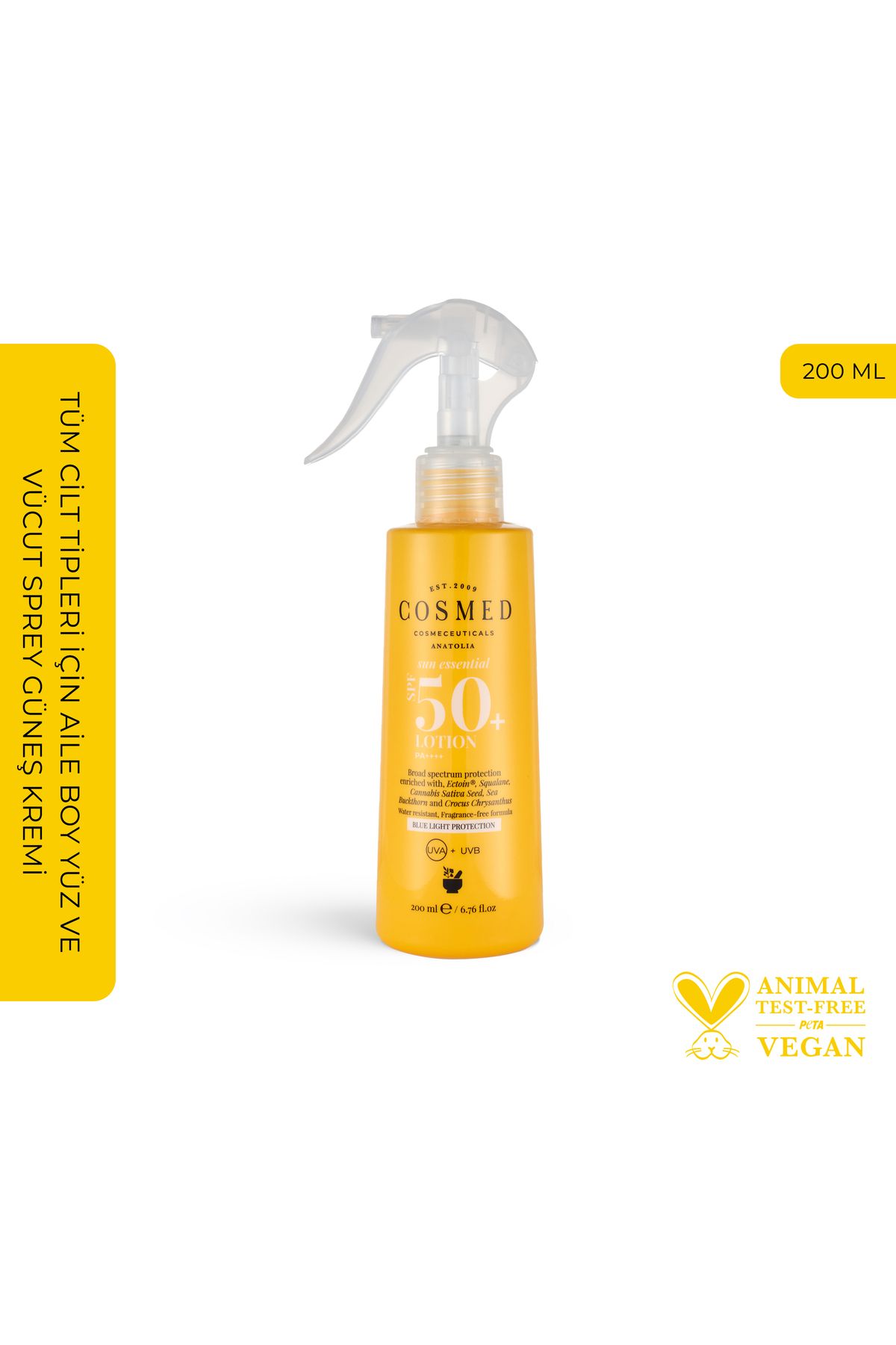 COSMED Sun Essential Lotion Spf 50 Tüm Cilt Tipleri Için Aile Boy Yüz Ve Vücut Sprey Güneş Kremi 200 ml