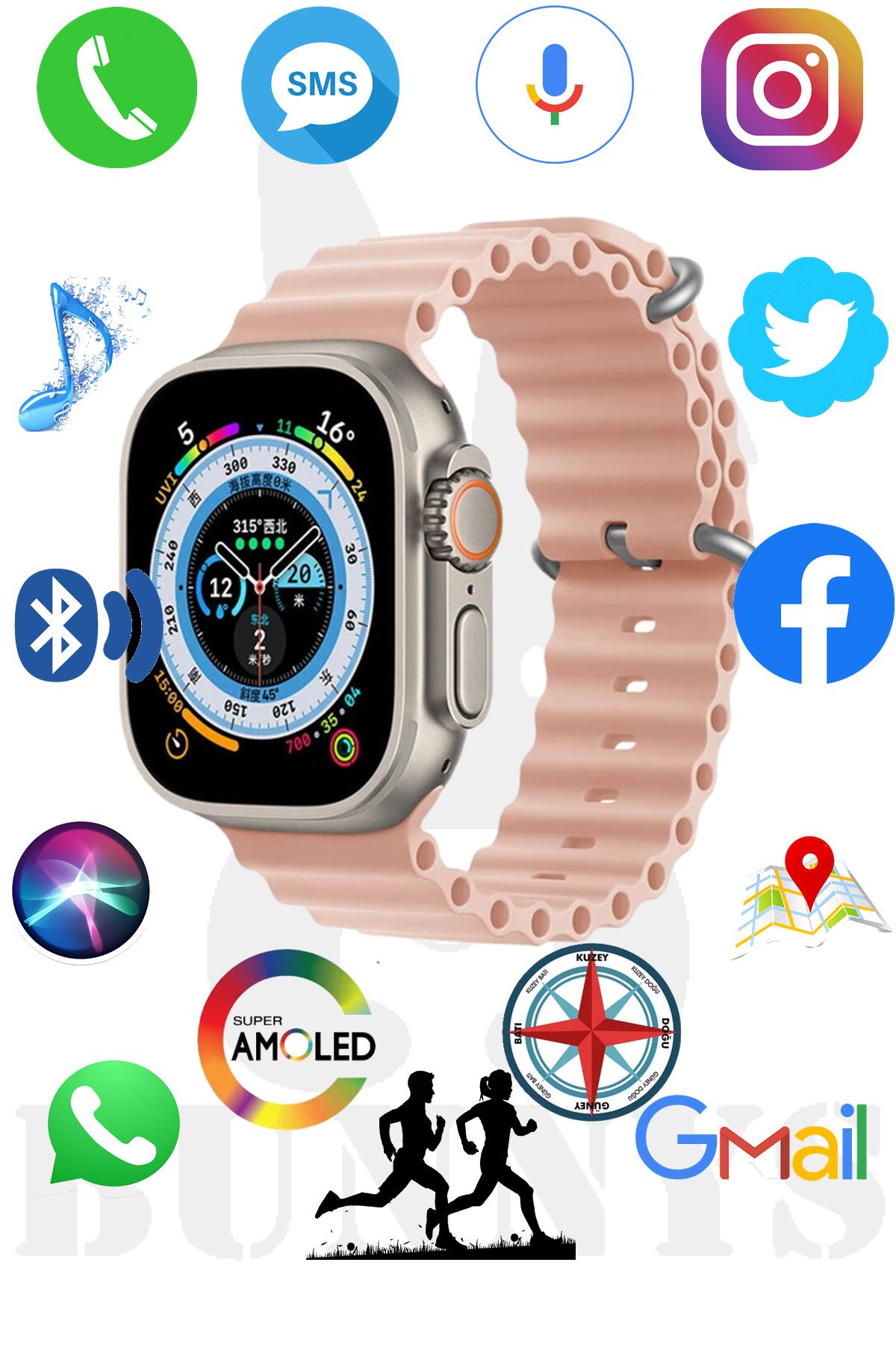 Bunnys BlackBerry Uyumlu Akıllı Saat HK8 PROMAX Watch 8 Ultra 49MM AMOLED EKRAN