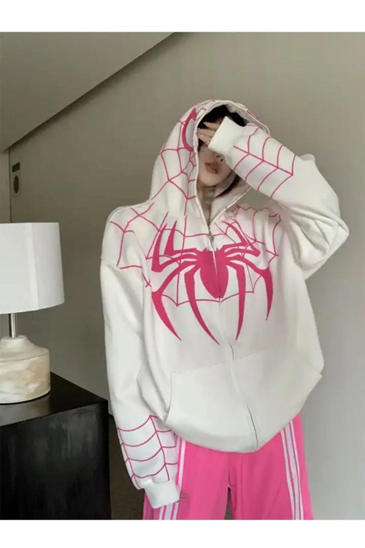 BROOD's Spider-man Örümcek Adam Maske Kapüşonlu Oversize Yumuşak Beyaz Unisex Hoodie Hırka