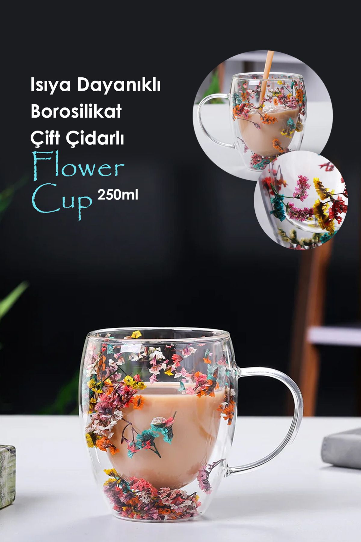 FABESS Isıya Dayanıklı Borosilikat Çift Çidarlı Flower Cup Çiçekli Bardak | Çiçekli Kahve Sunum Bardağı