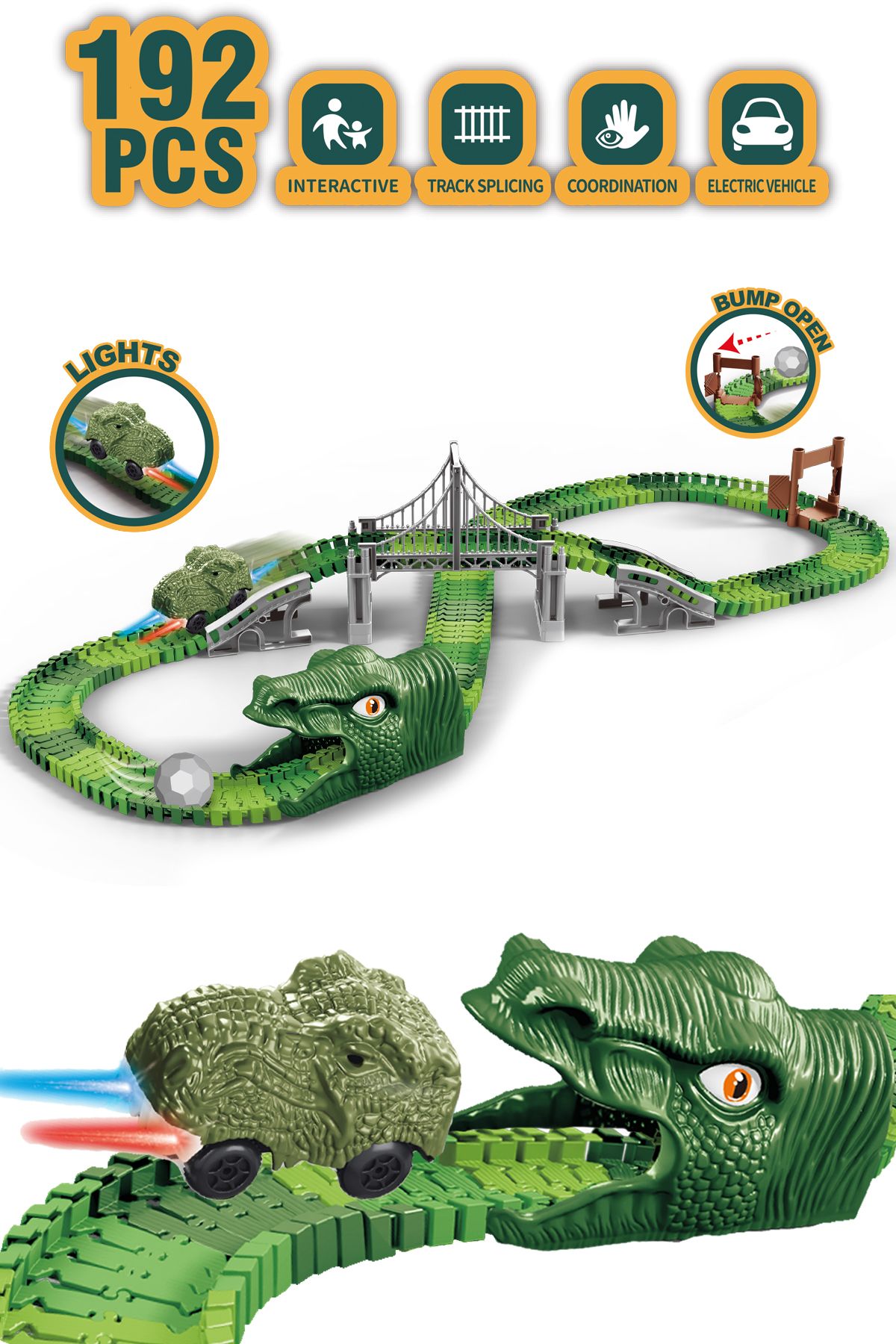 Kayyum Oyuncak Dinosaur Tracks 192 Parça Dinozor Temalı Hareketli Raylar Dinozor Araçlı Köprülü