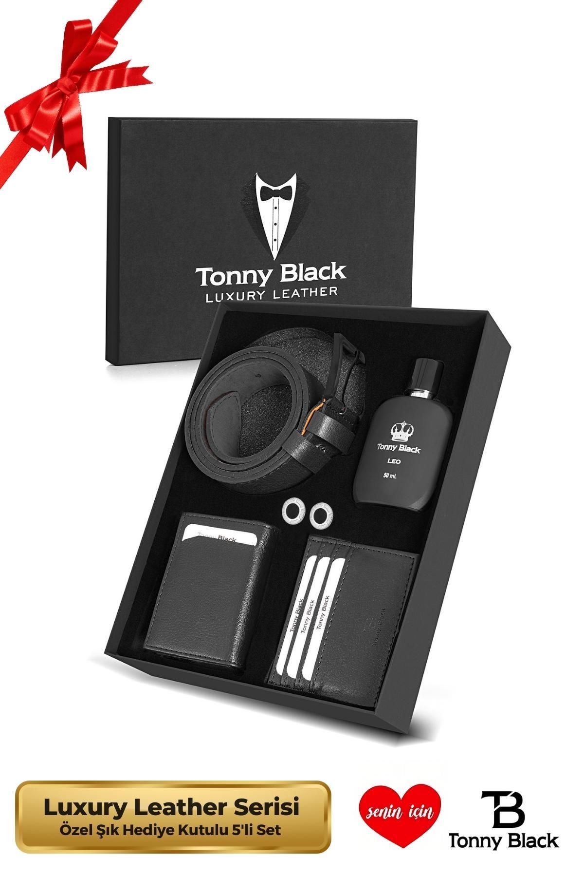 Tonny Black Orijinal Erkek Özel Kutulu 5'li Set Şık Deri Cüzdan Kemer Kartlık Kol Düğmesi Parfüm Seti