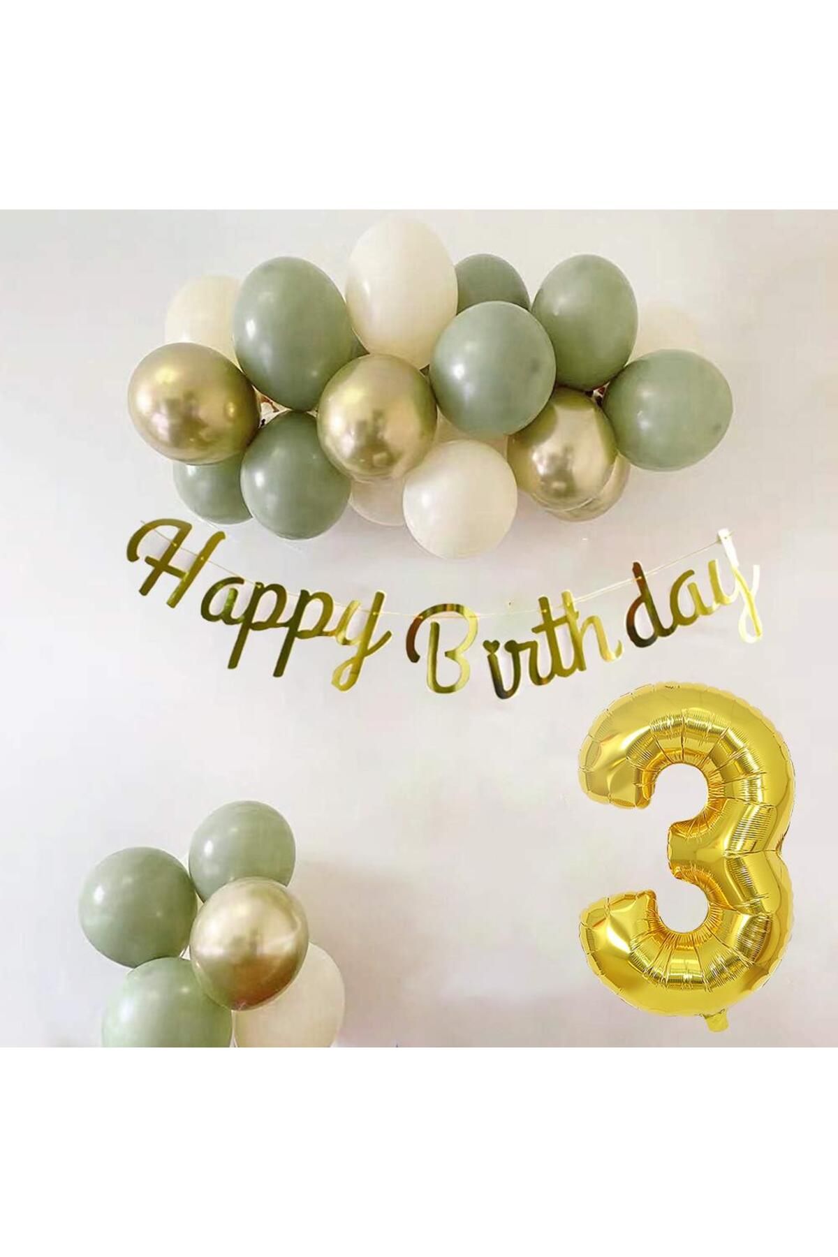Patladı Gitti 3 Yaş Küf Yeşili Deniz Kumu ve Krom Gold Balonlu Konsept Doğum Günü Seti