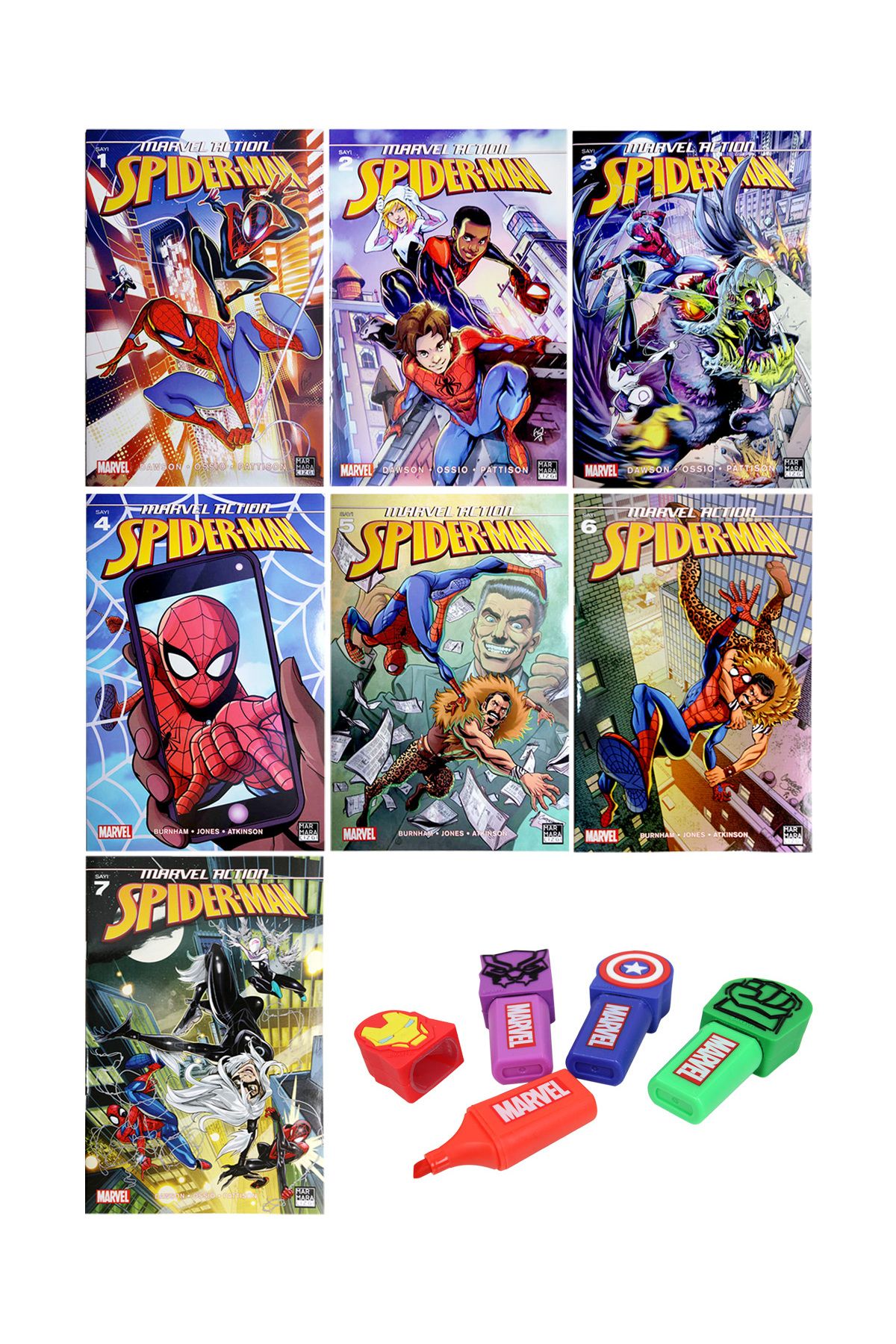 Marmara Çizgi Yayınları Marvel Action Spiderman 1-7 Çizgi Roman Ve Marvel 4'lü Highlighter Kalem Set Hediyeli