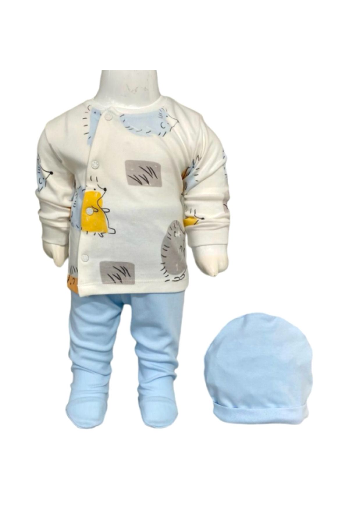 Aziz Bebe Kirpi Desenli 3lü Alt Üst Şapkalı Ayaklı Bebek Takımı