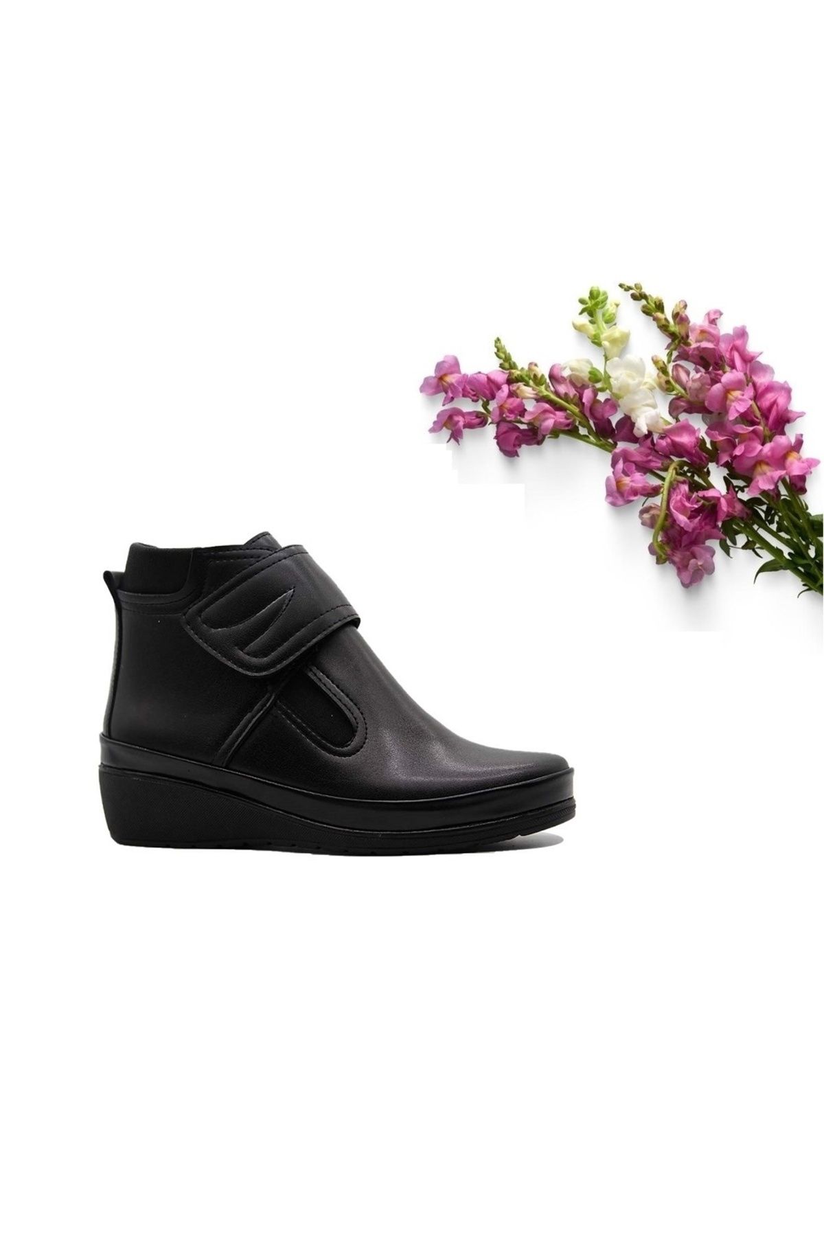 Ayzen Suya Dayanıklı Kadın Anne Siyah Renk Dolgu Taban Cırtlı Kışlık Yarım Bot Ayakkabı