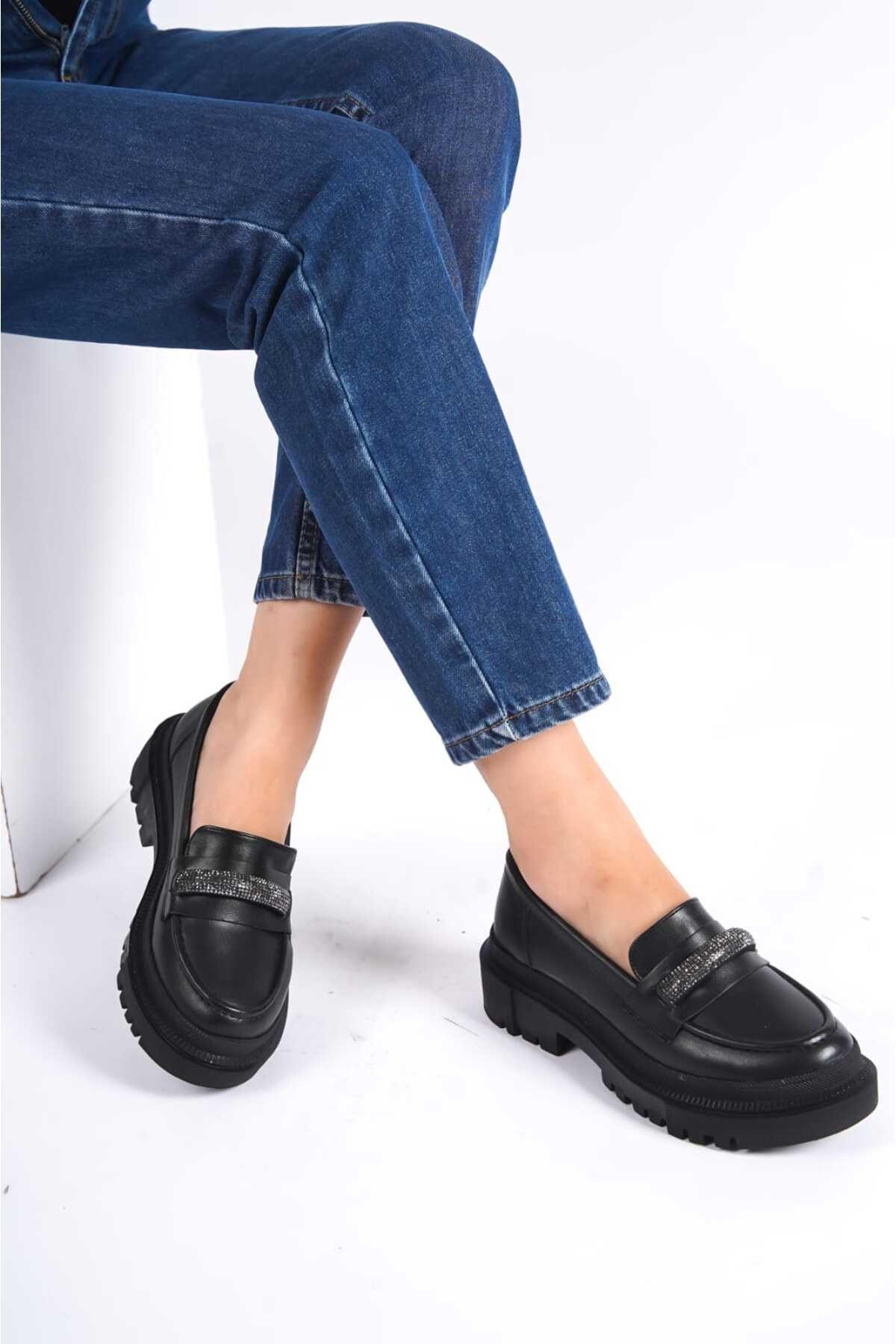 Nubbock Kadın Siyah Loafer Taşlı Yüksek Taban Günlük Ayakkabı NK0214