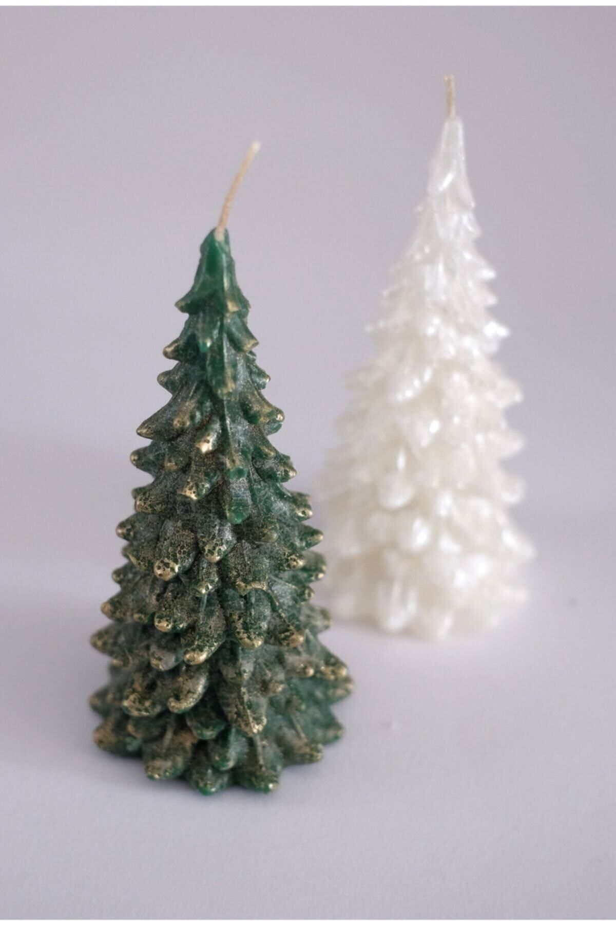 Mum ve Kalıp Dekoratif Hediyelik 2'li Çam Ağacı Mum Seti, Yeşil, Beyaz Kokulu Mum Yılbaşı Hediye Pine Tree Candle