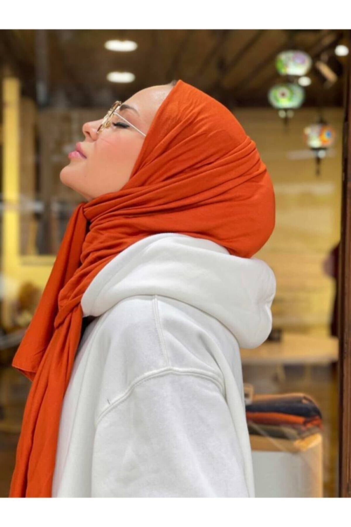 Organic Tesettür Penye Şal Hijap Modeli -açık Kiremit