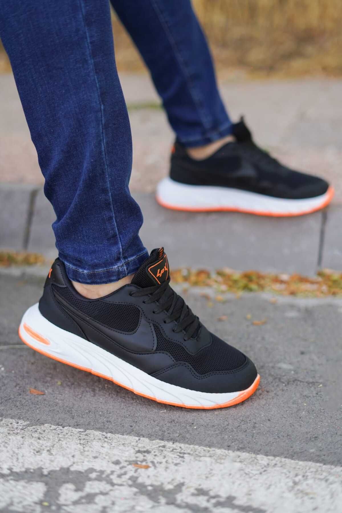 Nubbock Siyah Turuncu Erkek Ortopedik Rahat Yürüyüş Ayakkabısı Sneaker Nk0550