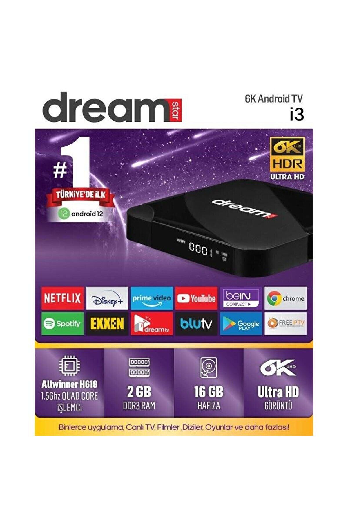 Dreamstar İ3 Android Tv Box 2gb Ram 16gb Hafıza Android 12 tv BOX Uyumlu