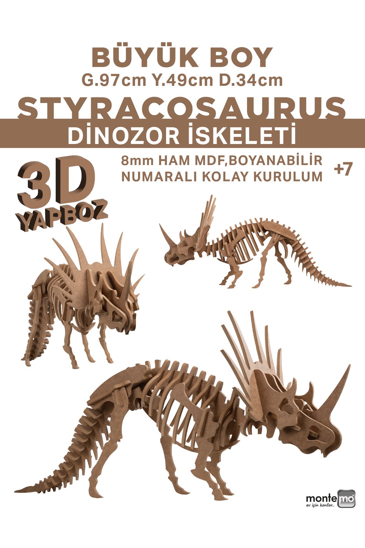 MONTEMO Styracosaurus- 3D Dinozor İskelet Maket-Yapboz-Dekoratif Obje-Ahşap-(8mm ham mdf)