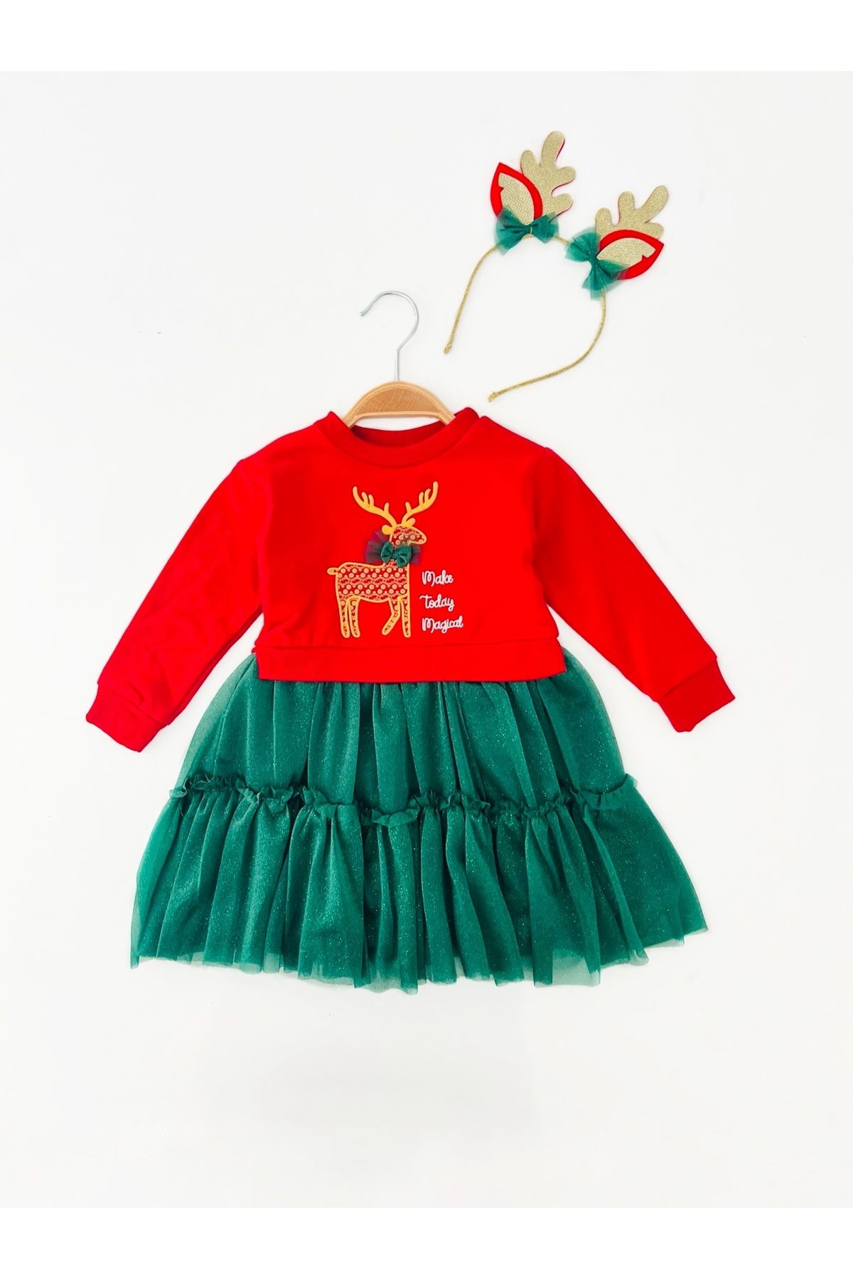 COLORED BABY Kız Çocuk Geyik Detaylı Eteği Yaldızlı Noel Yılbaşı Elbise ve Geyik Taç Takım