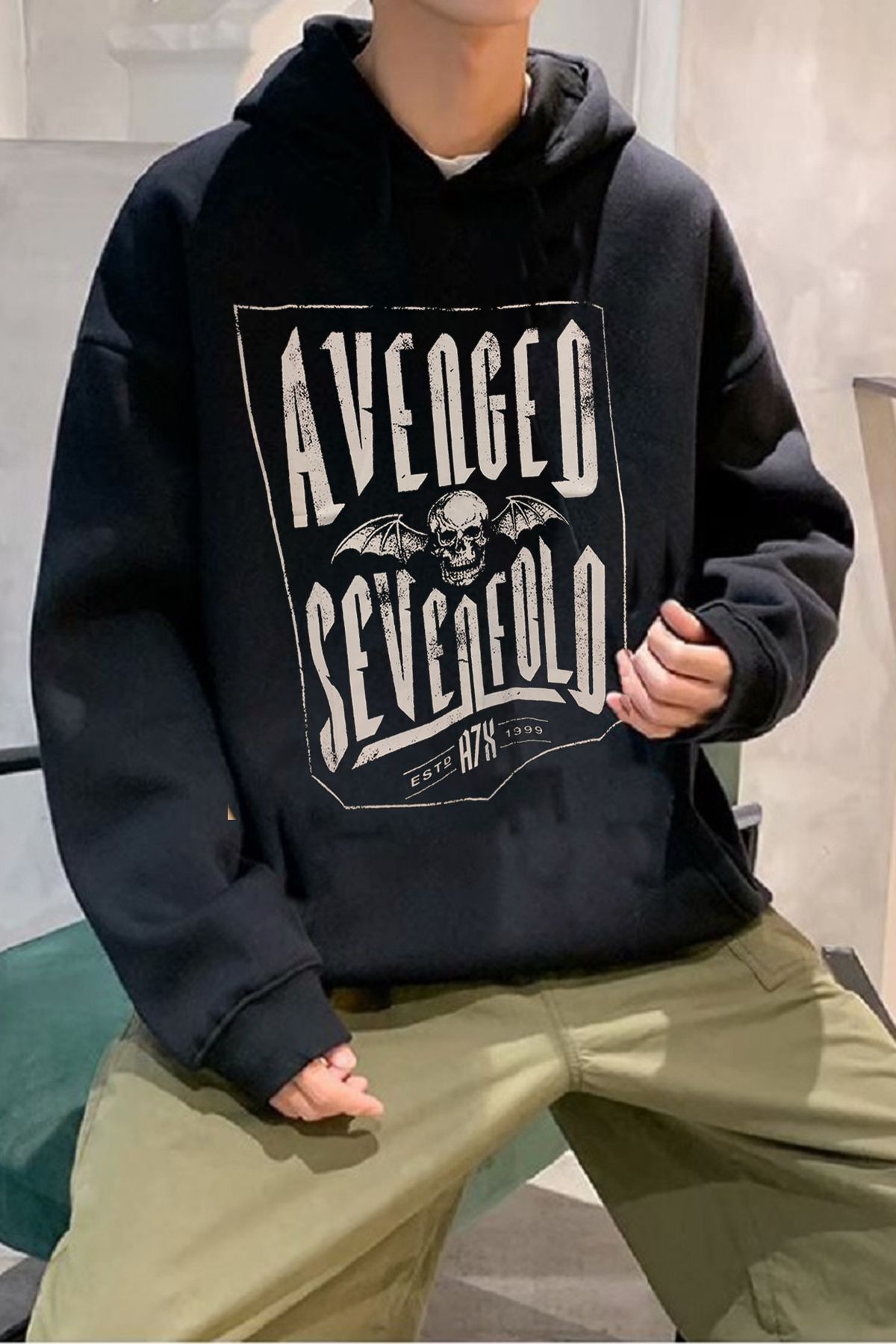 Freak Tshirt Siyah Renk Avenged Sevenfold Baskılı Geniş Kesim Kapüşonlu İçi Polarlı Rock-Metal Unisex Hoodie