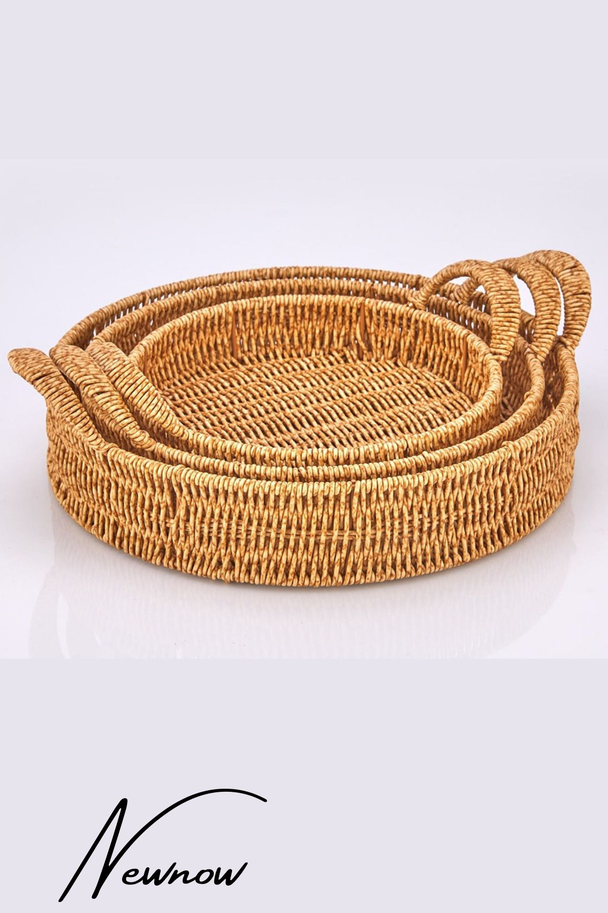 NEWNOW Rattan Hasır 3 lü Tepsi Yuvarlak, Rattan Sunum Tepsisi Yuvarlak