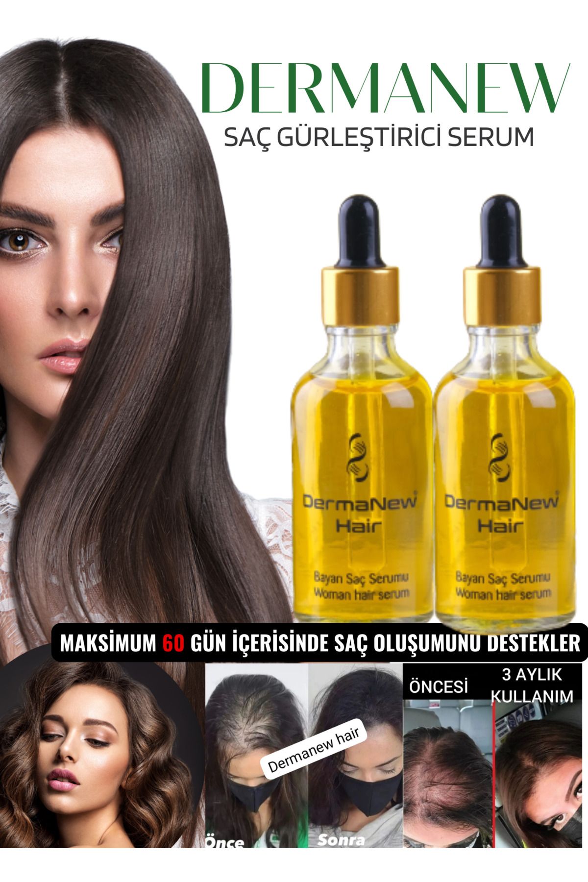 dermanew hair Dermanew Kadın Saç Gürleştirici Serum - Saç Bakim - Saç Çıkartıcı - Hair - Sac / 2 Adet Serum