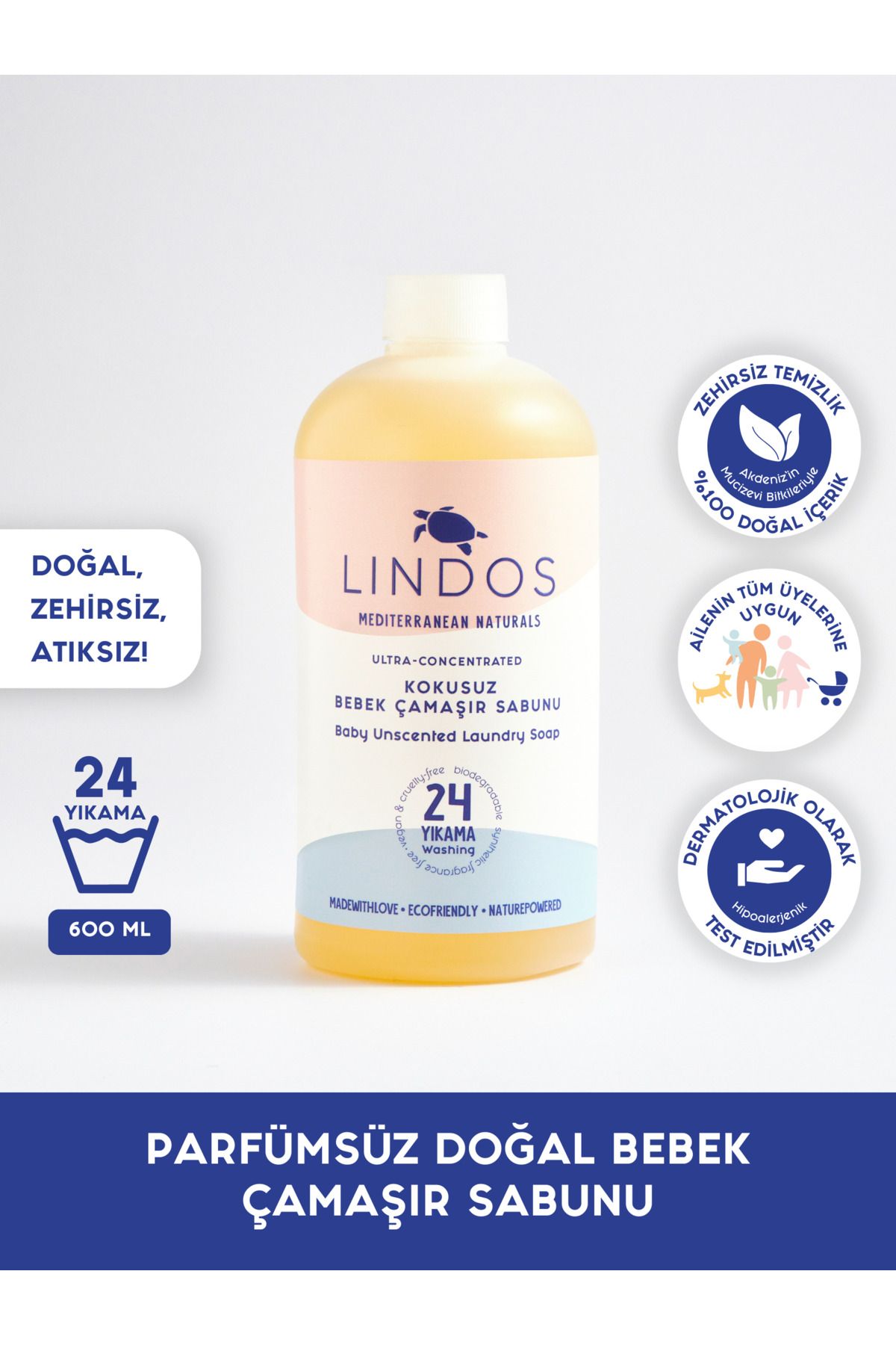 Lindos Doğal Bebek Çamaşır Deterjanı %100 Bitkisel Parfümsüz Antialerjik Baby 24 Yıkama 600ml