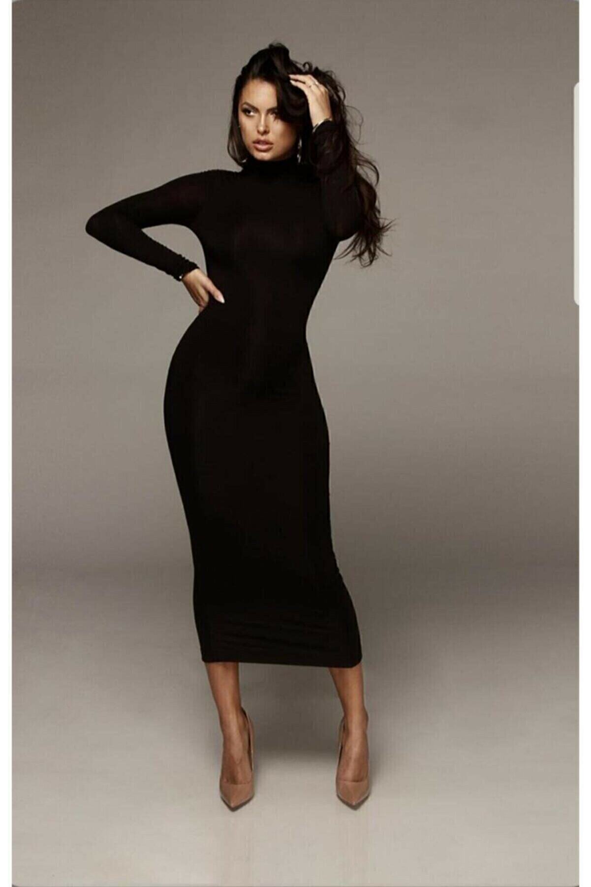 Maxi İdol Kadın Siyah Balıkçı Yaka Kalem Model Triko Elbise Boy 130 Cm