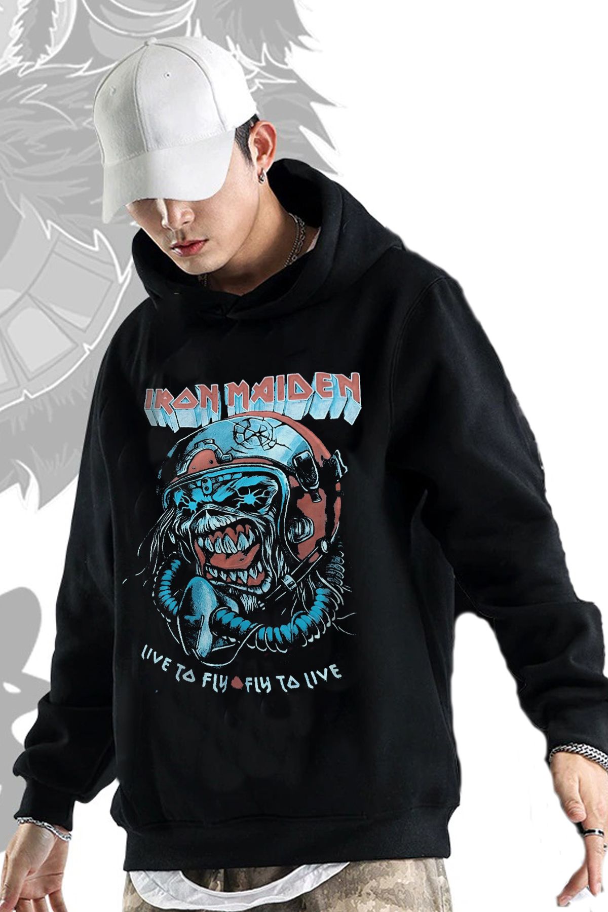 Freak Tshirt Siyah Renk Iron Maiden Baskılı Geniş Kesim Kapüşonlu İçi Polarlı Rock-Metal Unisex Hoodie