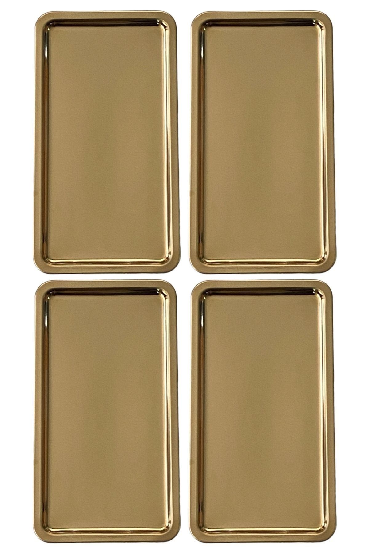 Kitchen Design Lab Paslanmaz Çelik Gold Renk Dikdörtgen Geniş Metal Düz Sunum Tepsisi Çay Kahve Tatlı Sunum 4 Adet